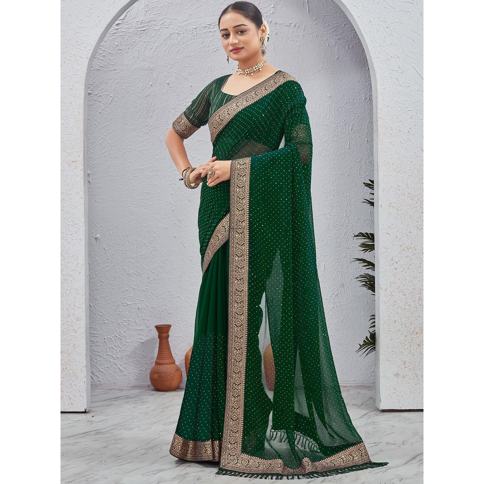 Satrani Women's Georgette Stone Work Saree With Unstitched Blouse Piece (4243S2983N_Dark Green)