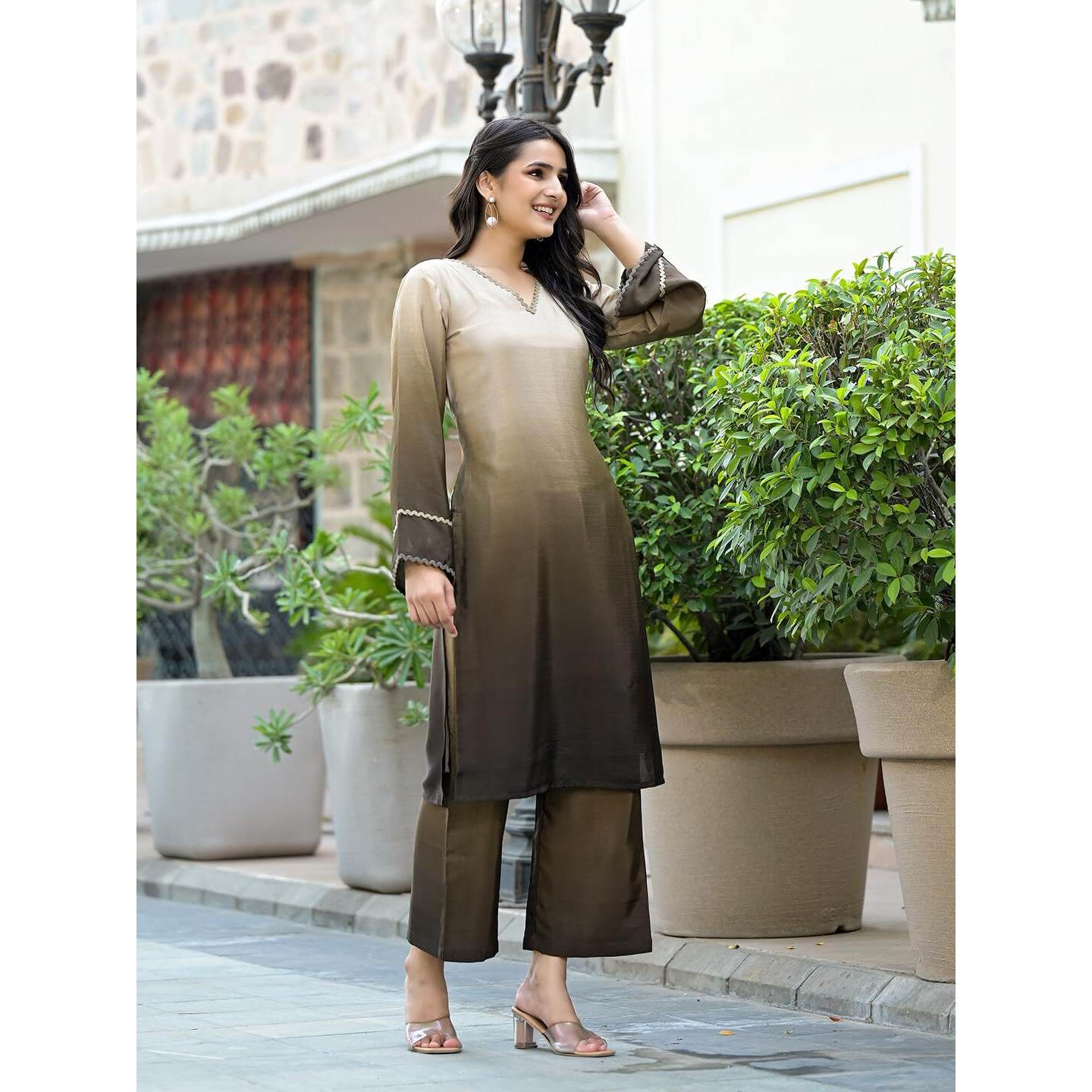 Varanga Women Ombre Olive A-Line Kurta Set