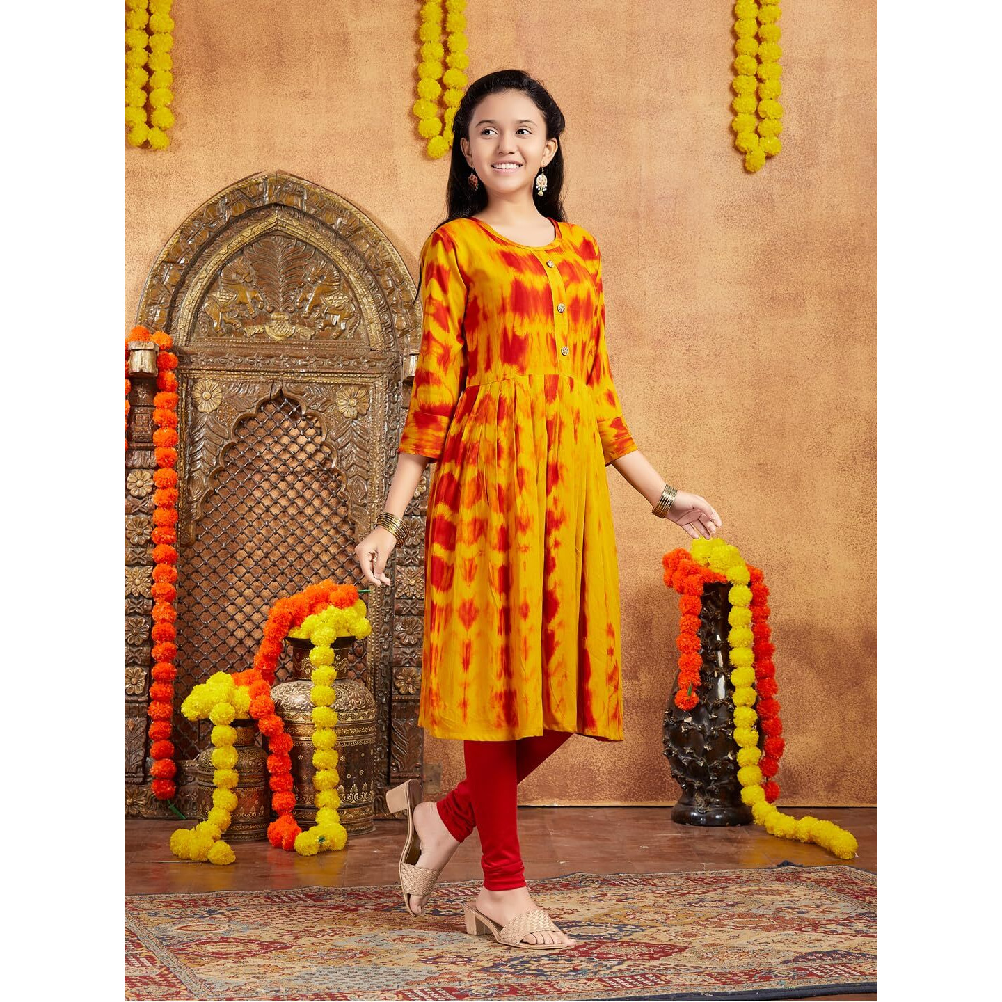 Aarika Girls Casual Wear Yellow Colour Tie Dye Print Rayon Kurti (9-16 Years)