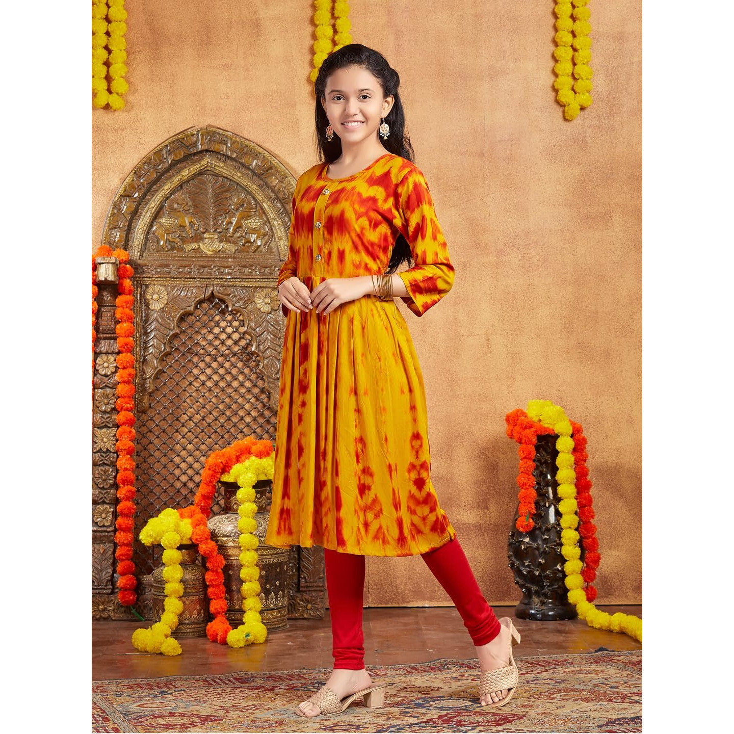 Aarika Girls Casual Wear Yellow Colour Tie Dye Print Rayon Kurti (9-16 Years)