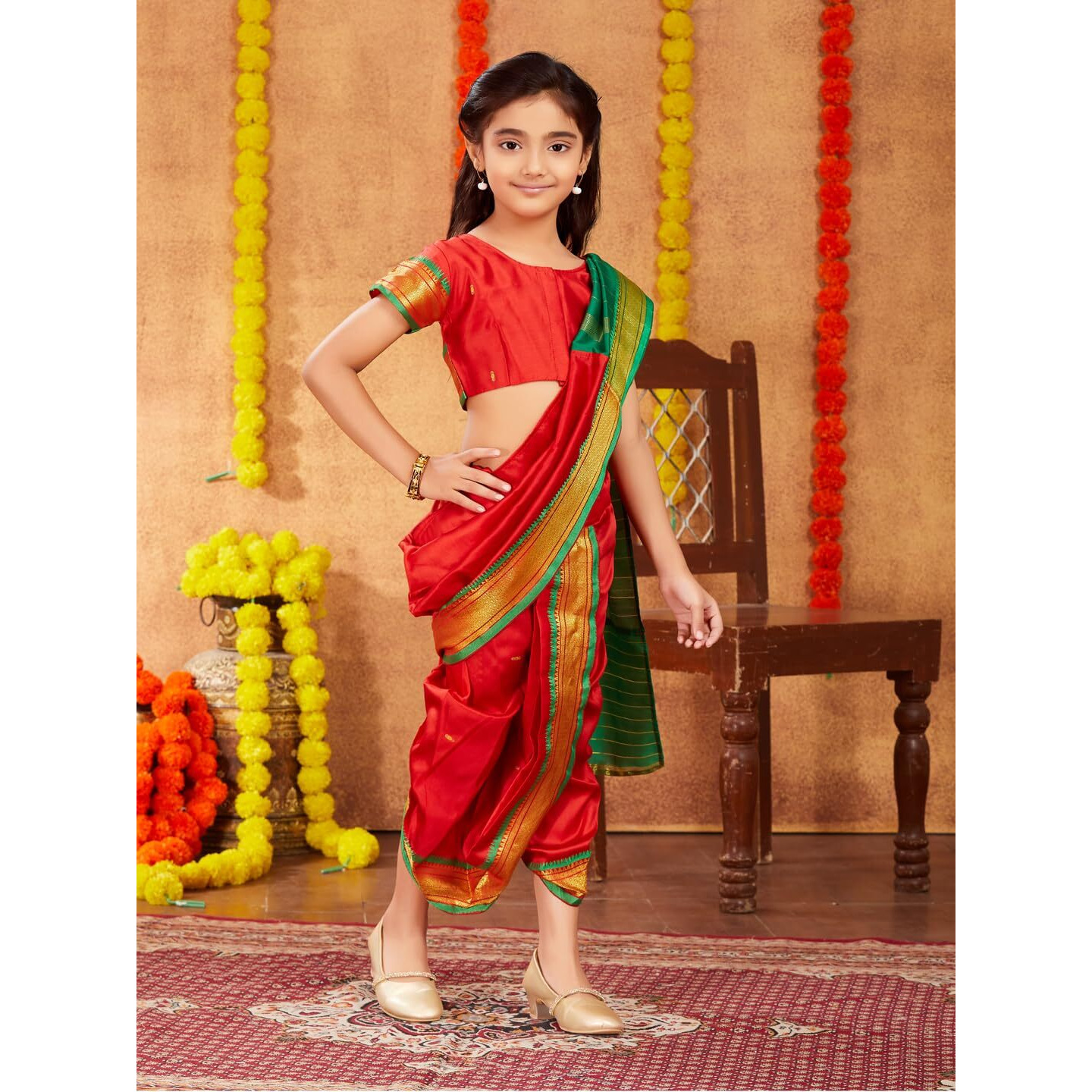 Aarika Girls Ethnic Wear Red Colour Shree Nav Saree (4-9 Years)