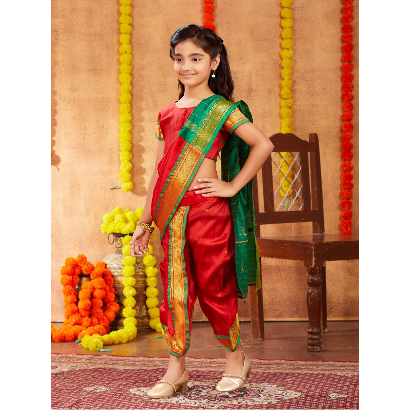 Aarika Girls Ethnic Wear Red Colour Shree Nav Saree (4-9 Years)