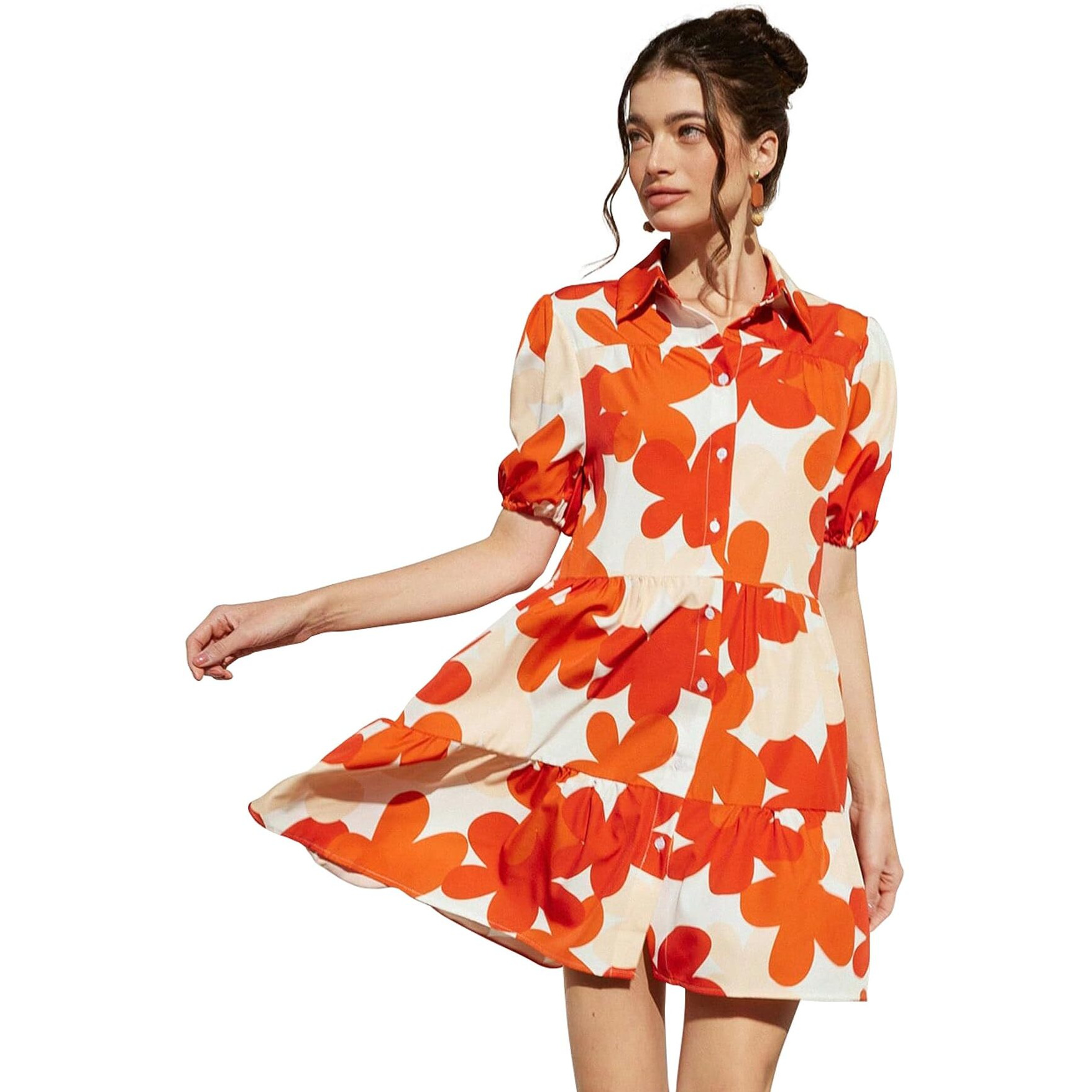 Shasmi Women's Rust Orange Flower Print Short Sleeve Button Front All-Over Printed Dresses, Ruffle Hem Smock Dress For Woman (161 Dress Rust Orange-Xl)