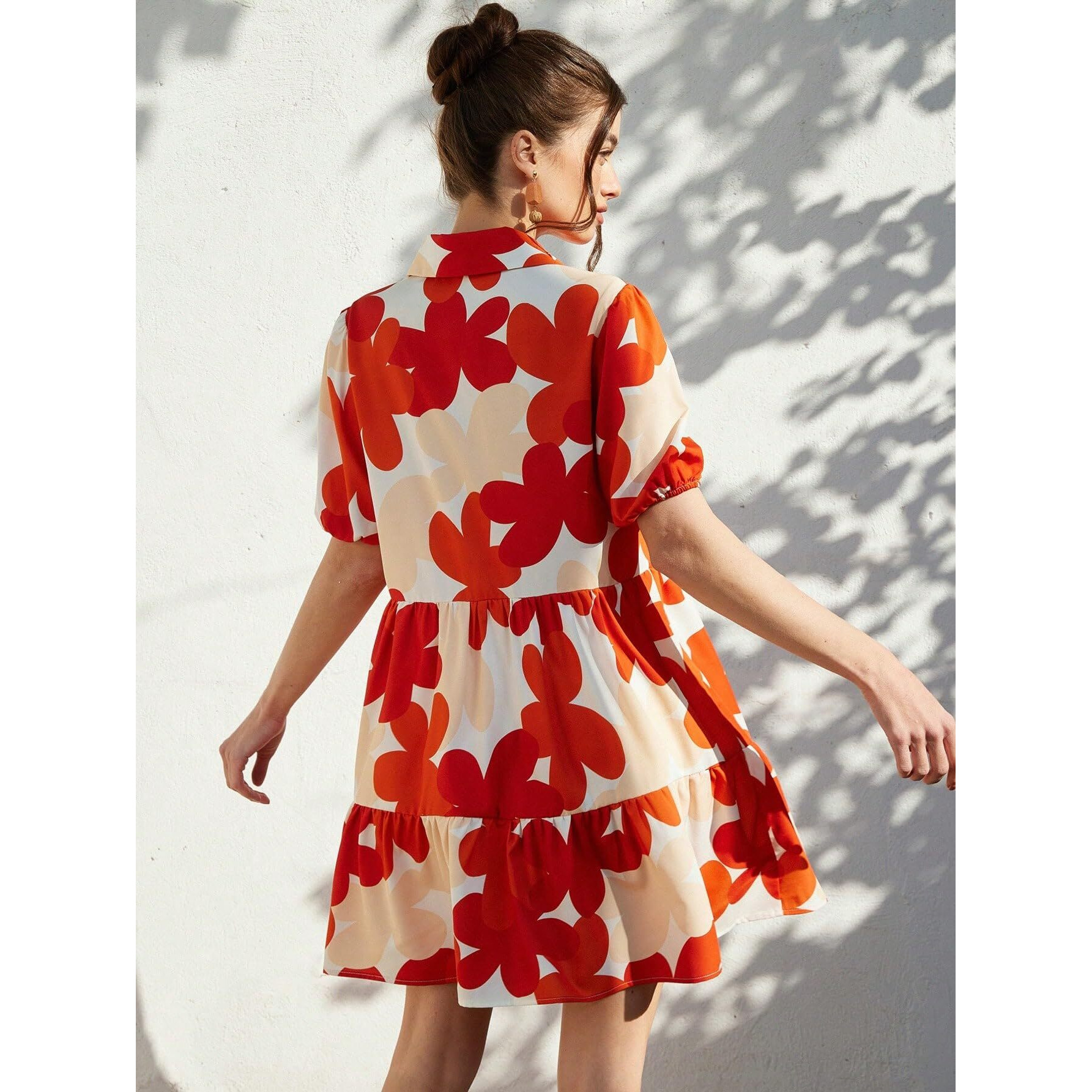 Shasmi Women's Rust Orange Flower Print Short Sleeve Button Front All-Over Printed Dresses, Ruffle Hem Smock Dress For Woman (161 Dress Rust Orange-Xl)