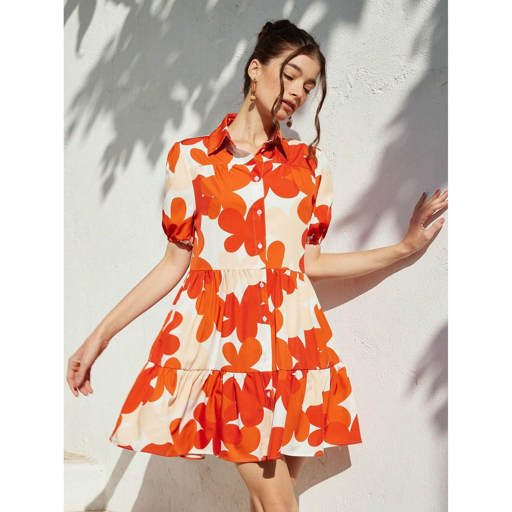 Shasmi Women's Rust Orange Flower Print Short Sleeve Button Front All-Over Printed Dresses, Ruffle Hem Smock Dress For Woman (161 Dress Rust Orange-Xl)