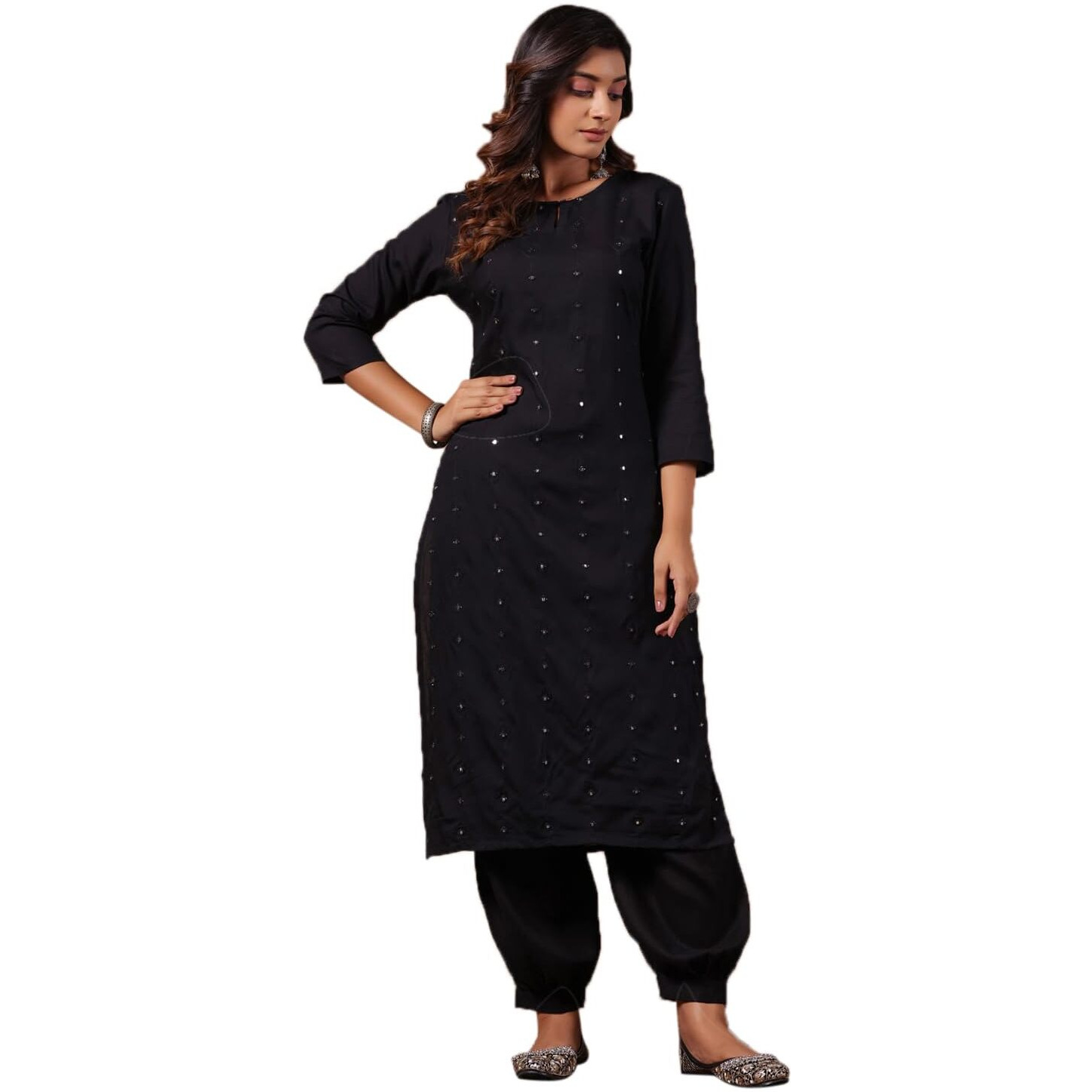 Anubhutee Women's Black Ethnic Motifs Mirror Work Straight Kurta