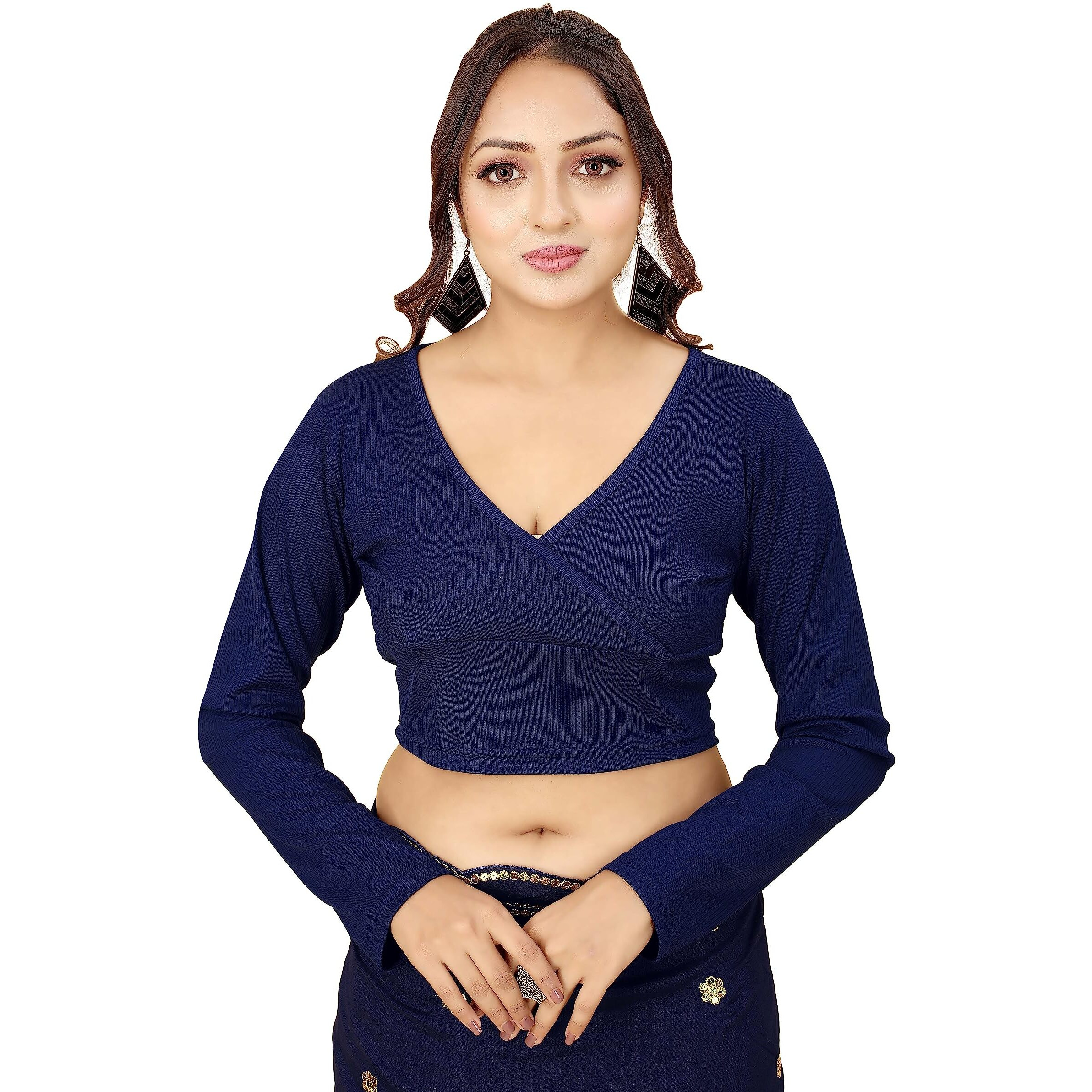 Shasmi Women's & Girls' Solid Ribbed V Neck Collarless Full Sleeve Slim Fit Simplicity Blouse For Women (Blouse 54 N Blue S)