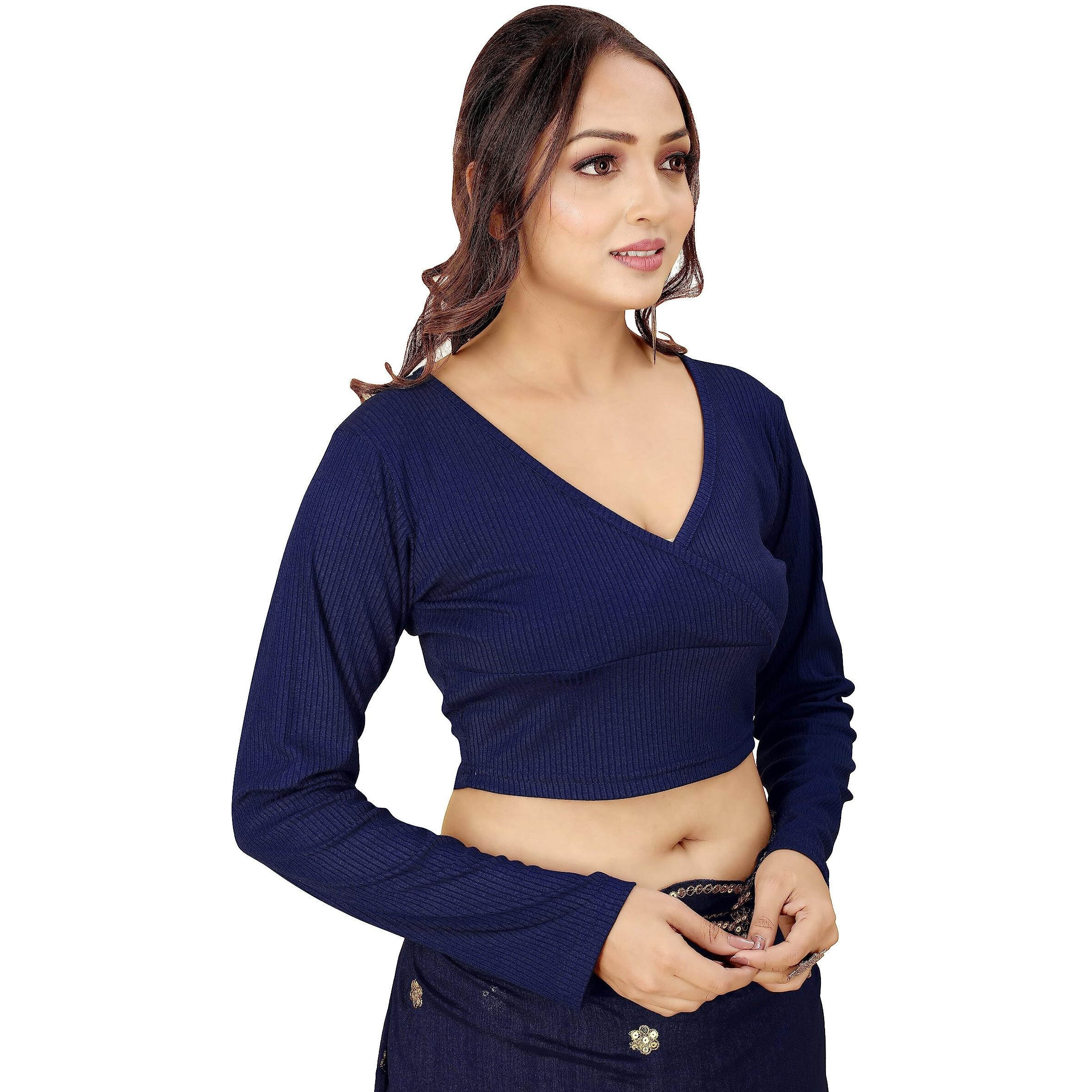 Shasmi Women's & Girls' Solid Ribbed V Neck Collarless Full Sleeve Slim Fit Simplicity Blouse For Women (Blouse 54 N Blue S)