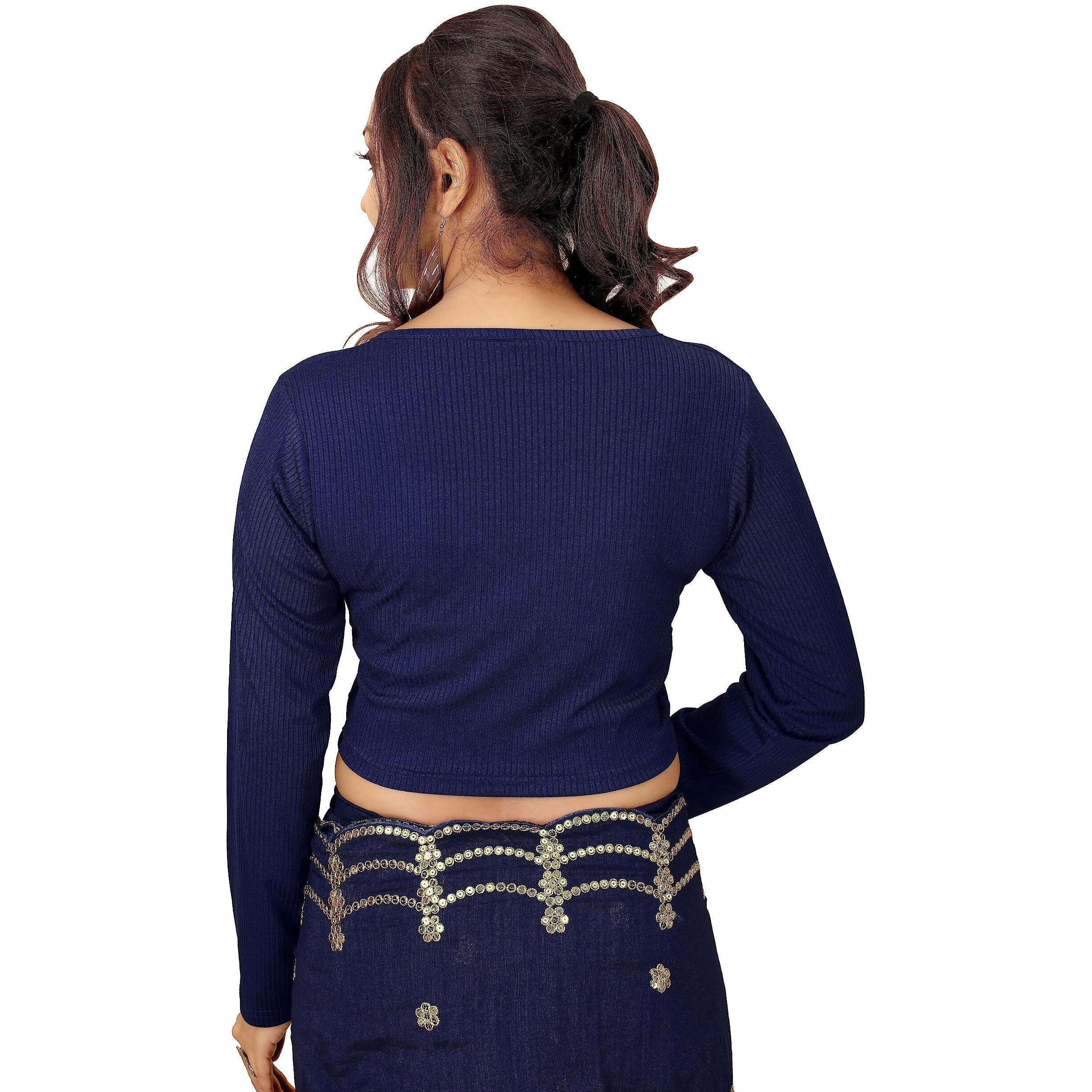 Shasmi Women's & Girls' Solid Ribbed V Neck Collarless Full Sleeve Slim Fit Simplicity Blouse For Women (Blouse 54 N Blue S)