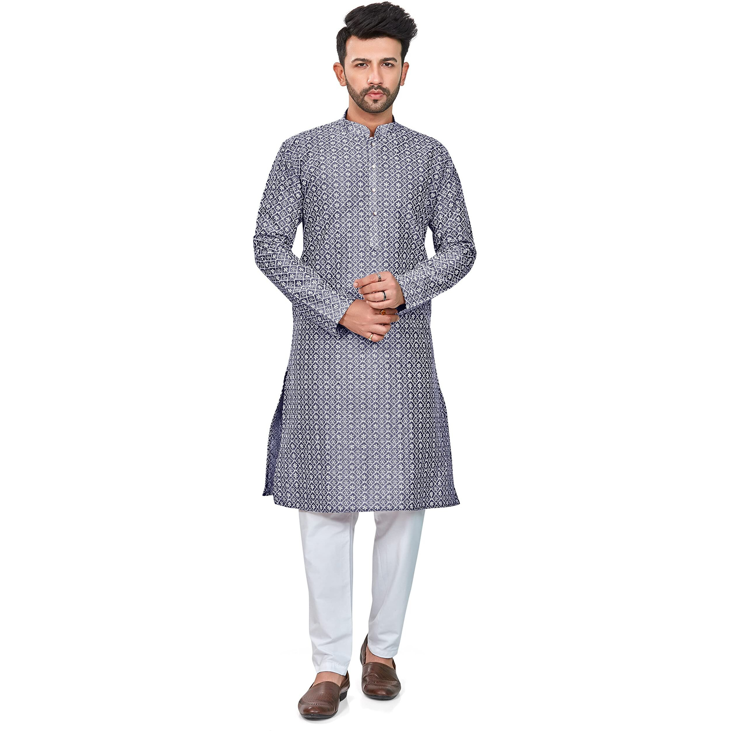 Be Active Cotton Men's Embroidered Lucknowi Grey Kurta Set || Men Kurta Pajama || Men Kurta Pajama Set || Kurta Pajama For Men (Rfsk0013 4 Set S)