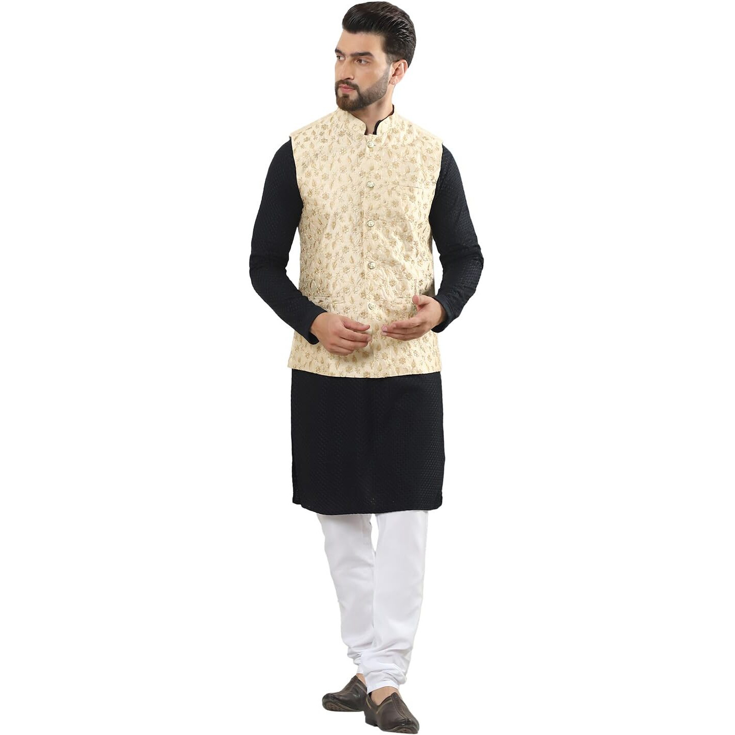 Sojanya (Since 1958 Men's Pure Cotton Black Kurta And White Pyjama With Embroidered Beige Nehru Jacket