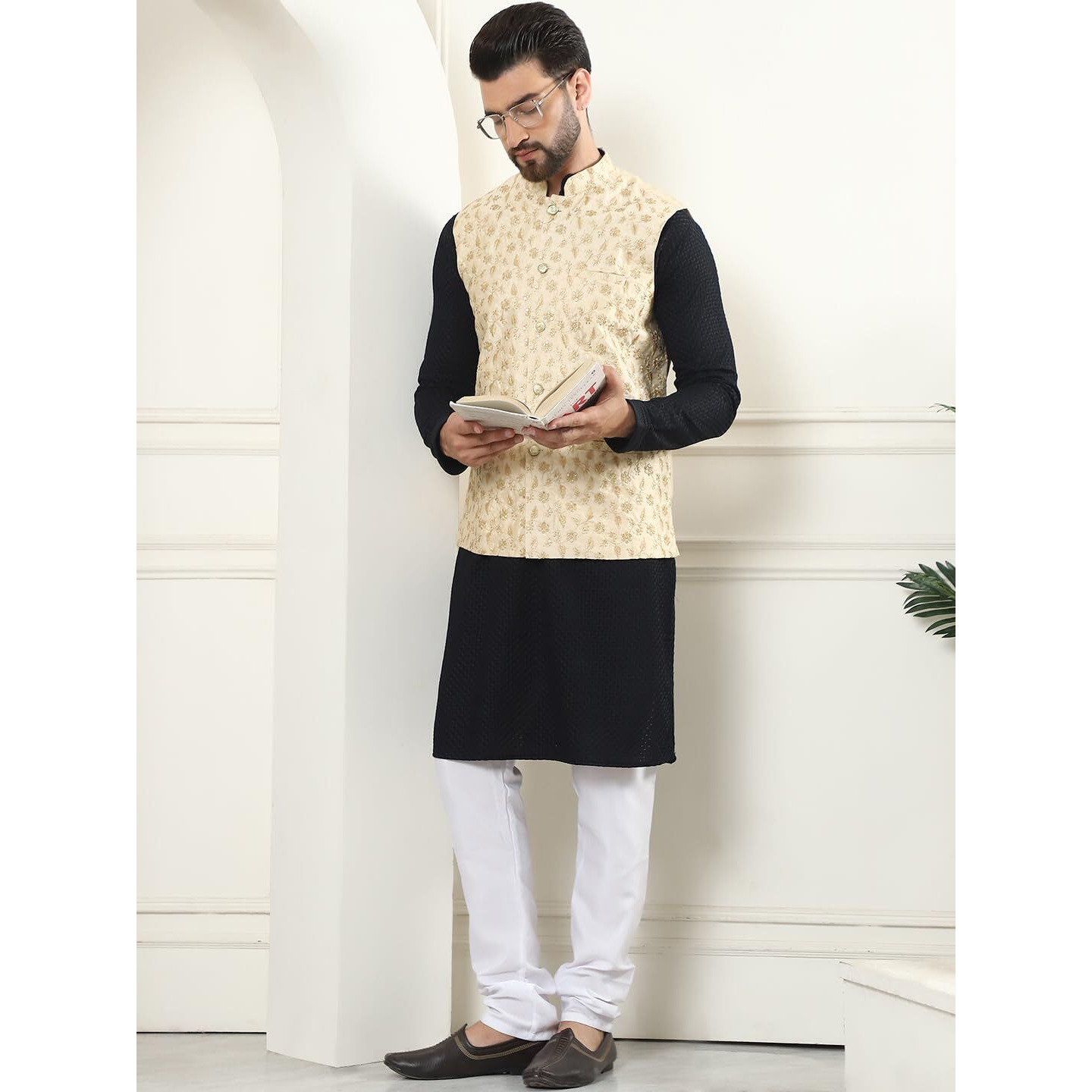 Sojanya (Since 1958 Men's Pure Cotton Black Kurta And White Pyjama With Embroidered Beige Nehru Jacket