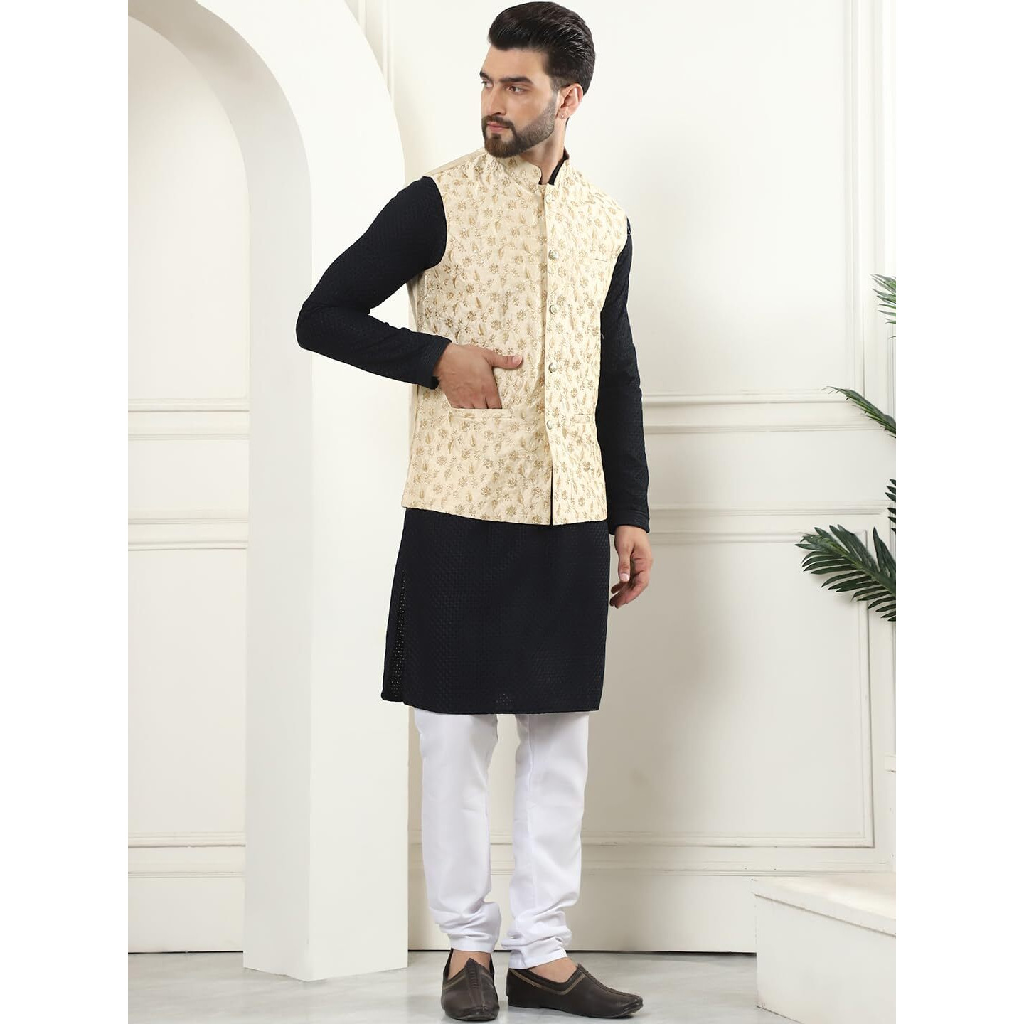 Sojanya (Since 1958 Men's Pure Cotton Black Kurta And White Pyjama With Embroidered Beige Nehru Jacket