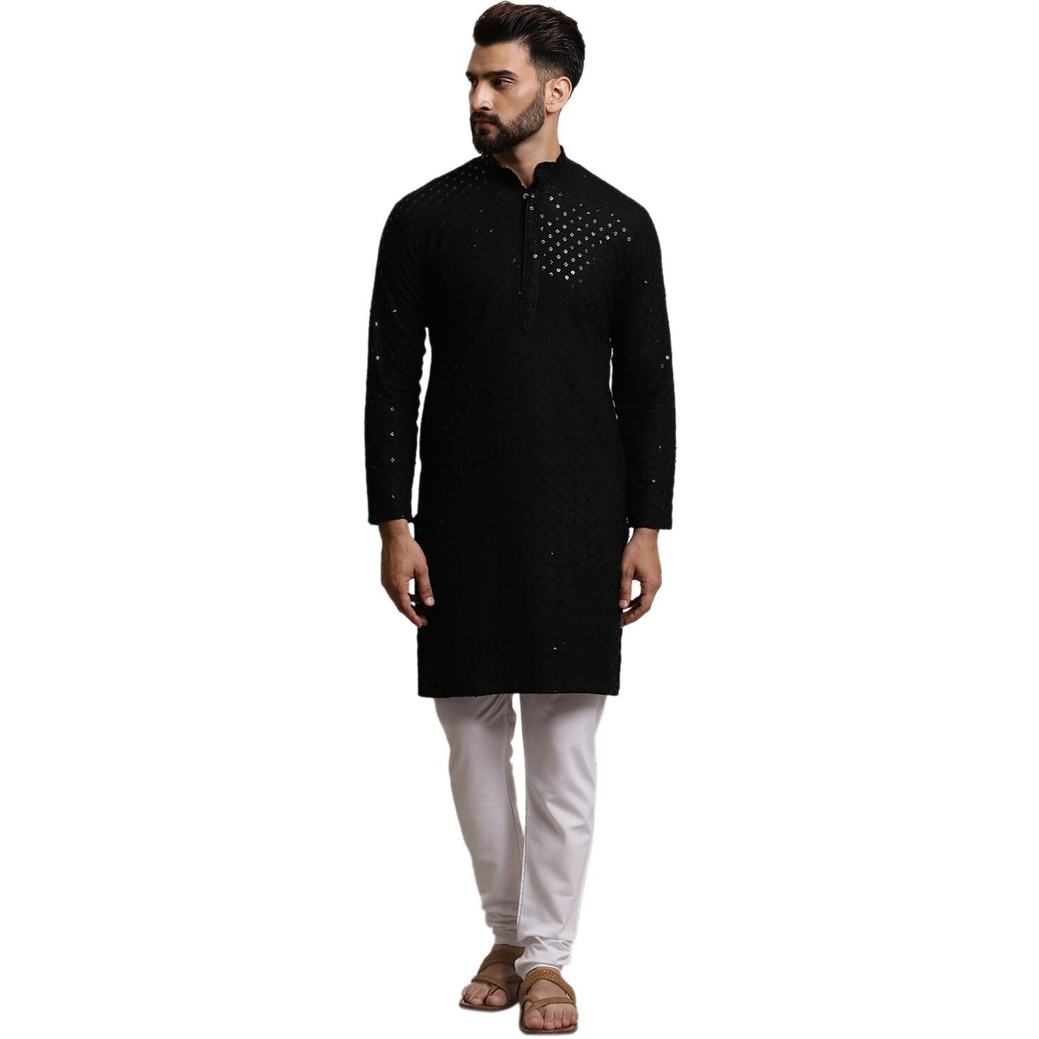 Sojanya (Since 1958 Men's Pure Cotton Black Sequence Kurta & White Pyjama Set