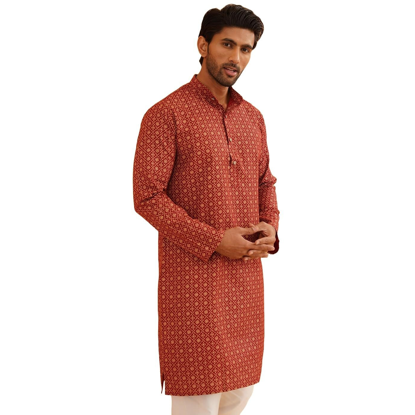 Sojanya (Since 1958 Men's Cotton Linen Maroon Foil Printed Only Long Kurta