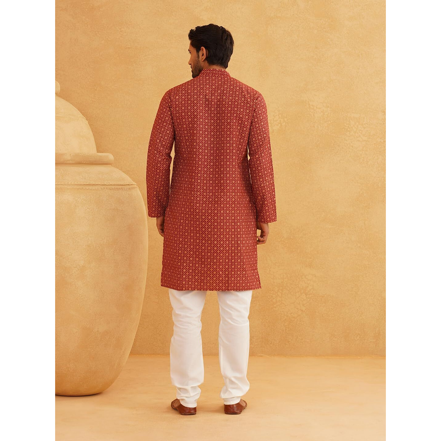 Sojanya (Since 1958 Men's Cotton Linen Maroon Foil Printed Only Long Kurta