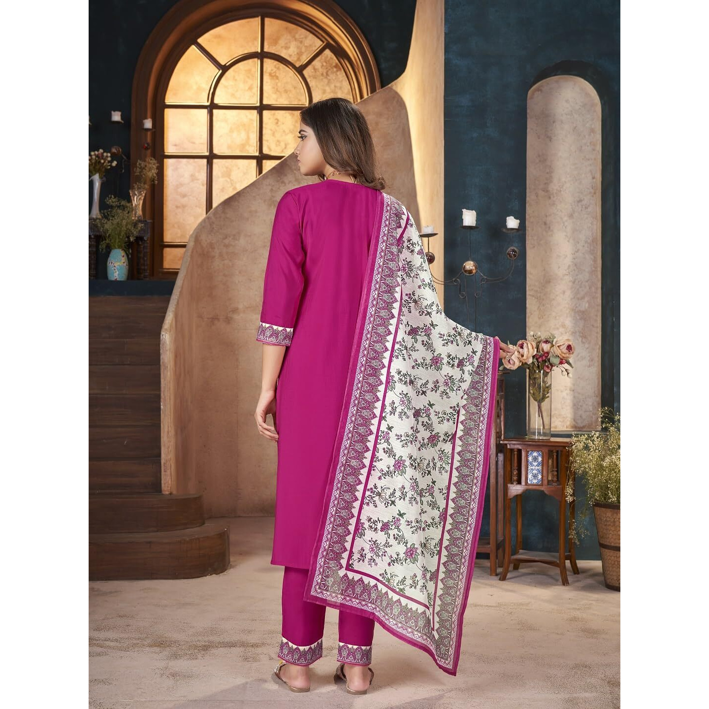 Stylum Women's Magenta Solid & Embroidered Silk Straight Kurta Pant Dupatta Set