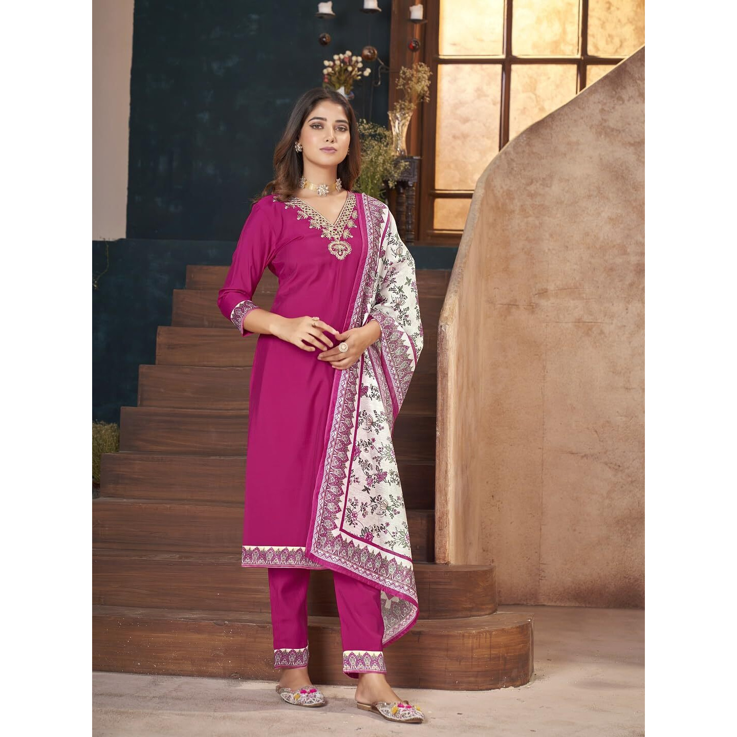 Stylum Women's Magenta Solid & Embroidered Silk Straight Kurta Pant Dupatta Set