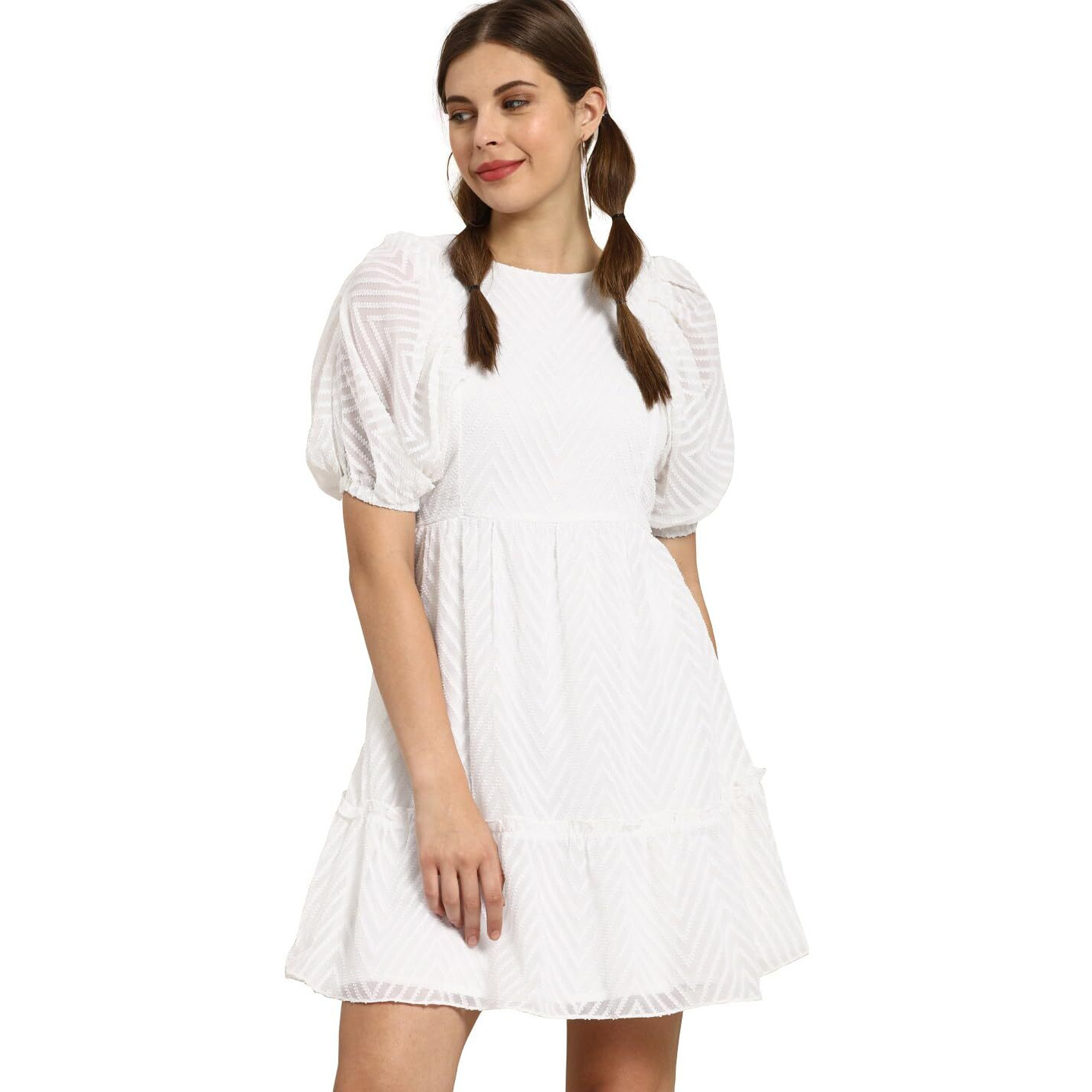 Sugathari Women's White Dobby Pattern Geometric A-Line Dress For Women (Dress2 79 White Xl)