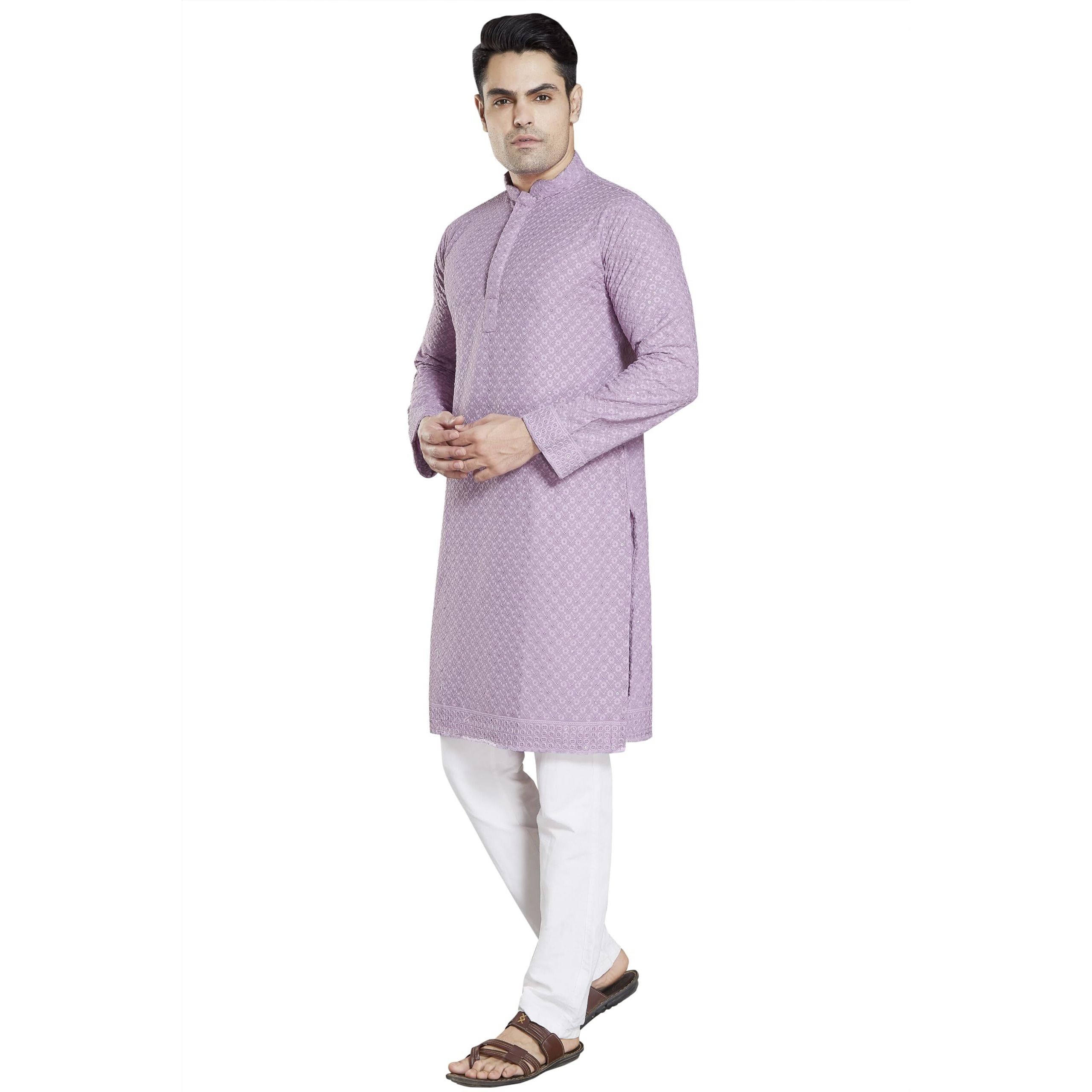 Divisive Men's Sequince Embroidered Cotton Blend Slim Fit Kurta Pyjama Set (Dkrt32_Xxxl_Lavendar)