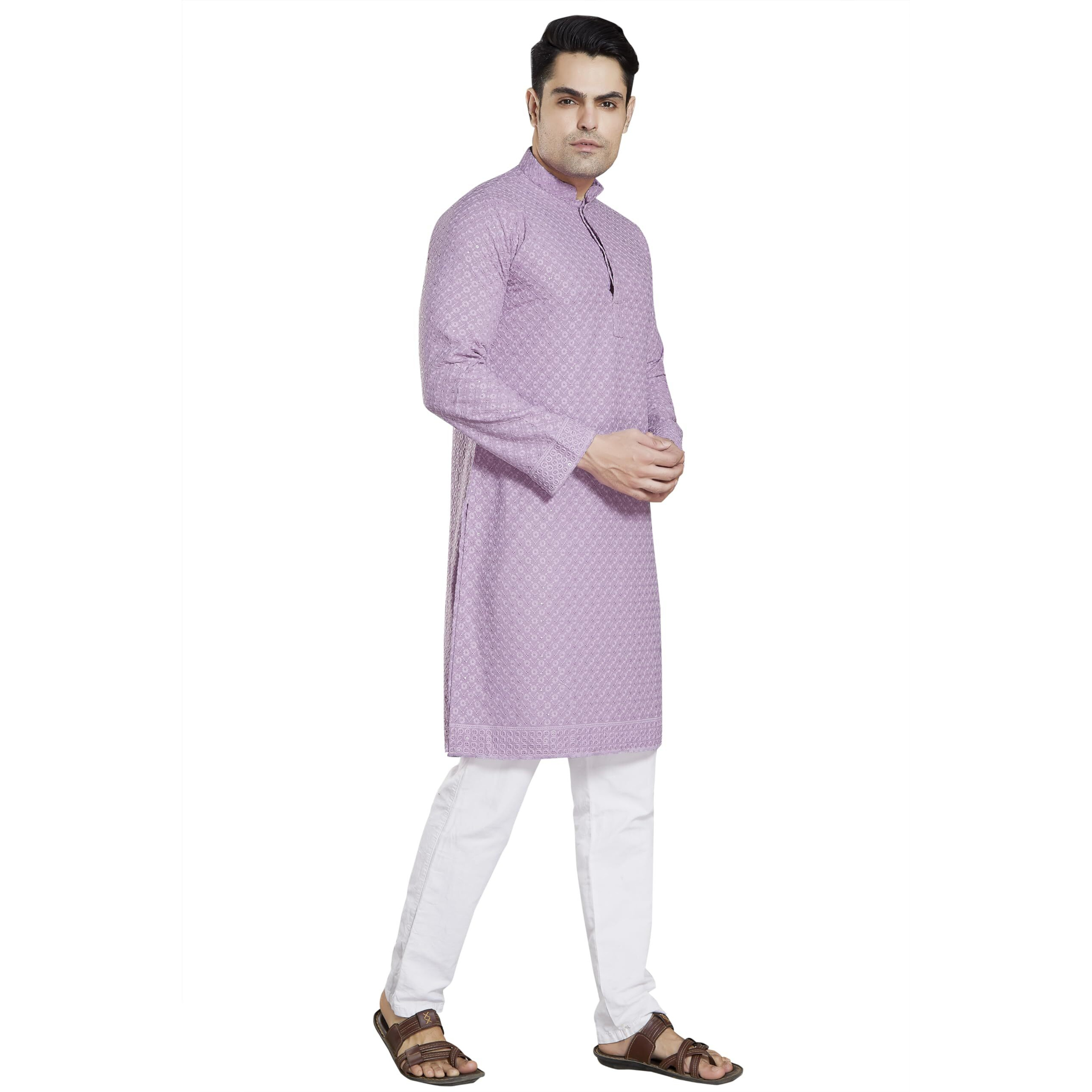 Divisive Men's Sequince Embroidered Cotton Blend Slim Fit Kurta Pyjama Set (Dkrt32_Xxxl_Lavendar)