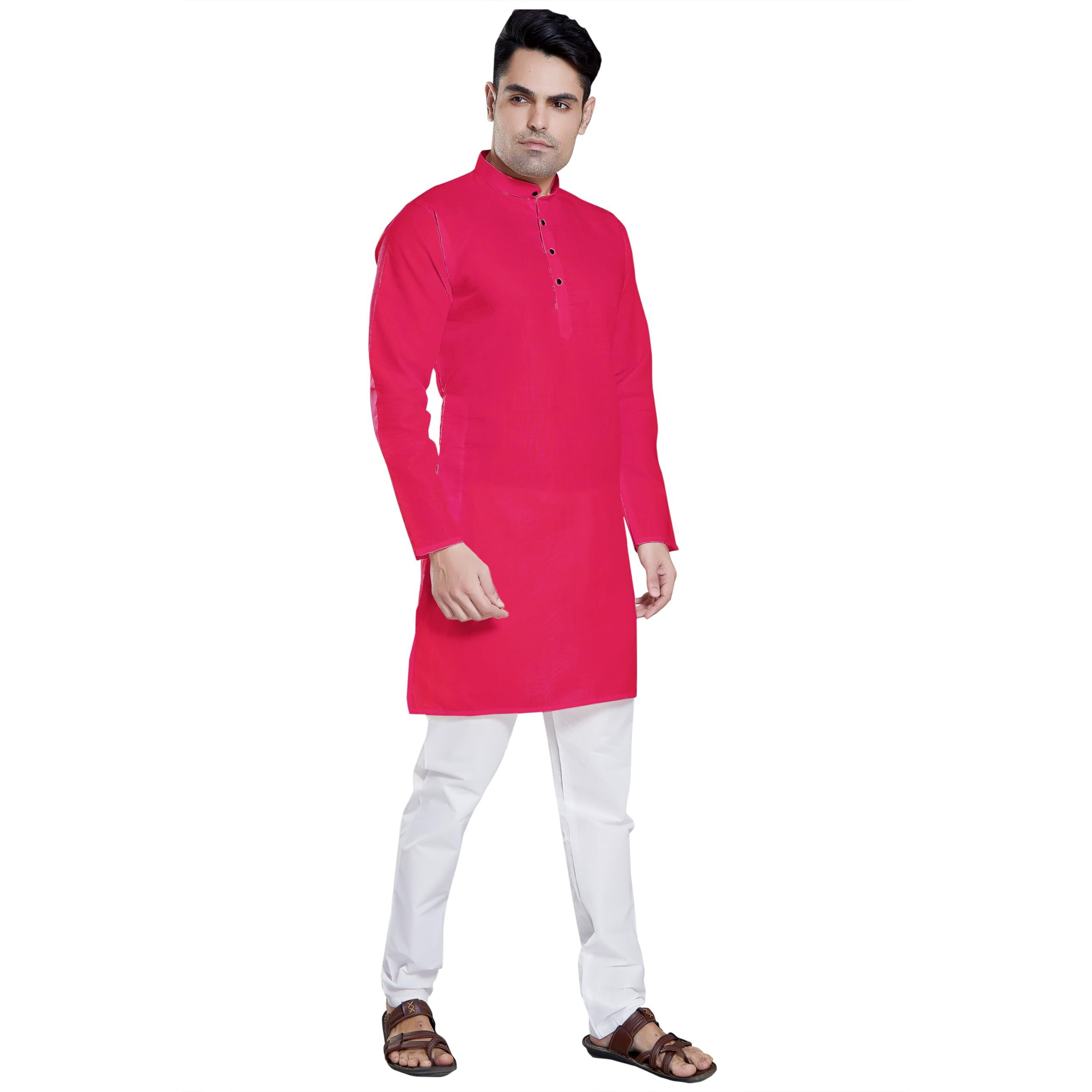 Divisive Men's Plain Cotton Blend Linen Slim Fit Kurta Pyjama Set (Dkrt57_L_Rani)