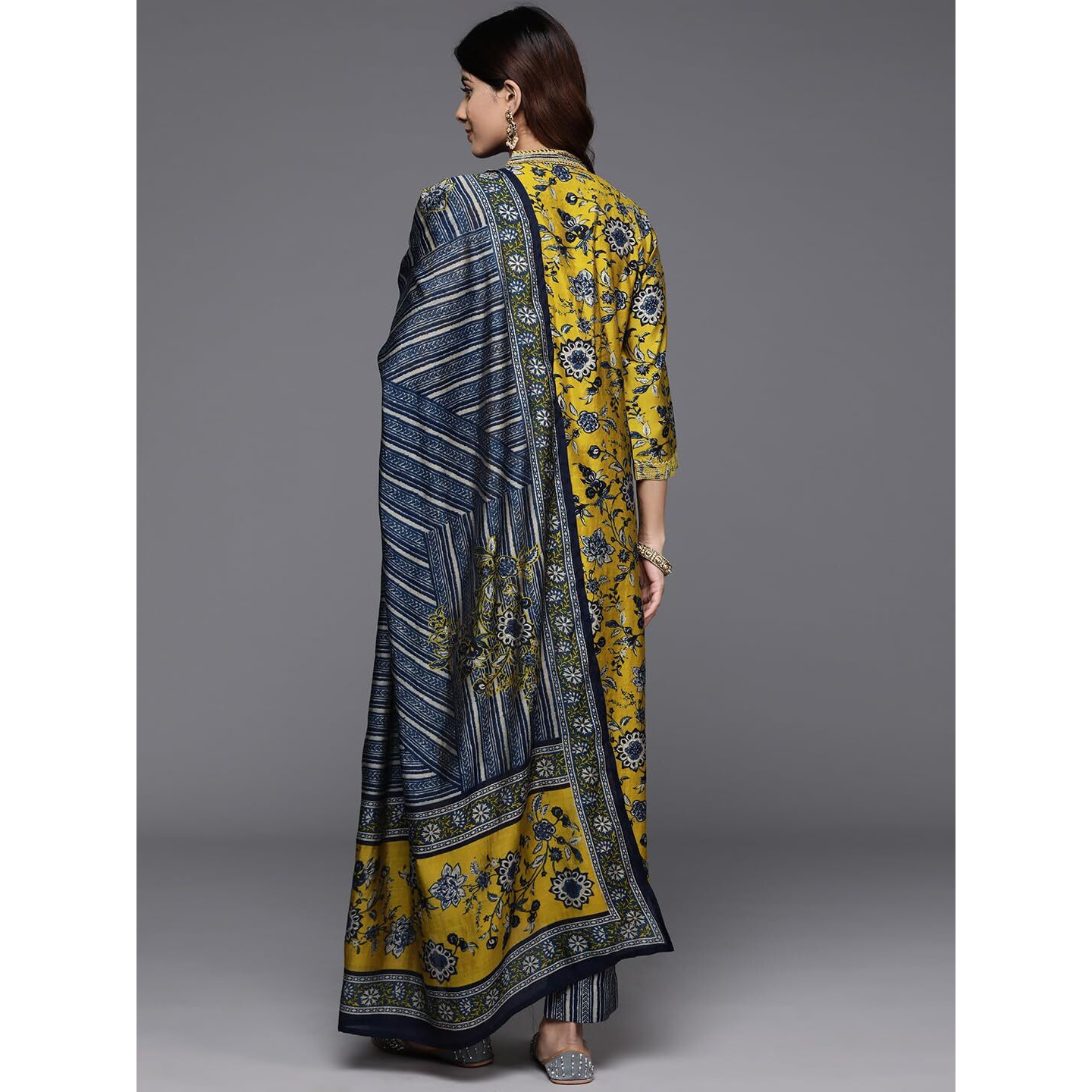 Varanga Women Mustard Floral Printed Embellished Kurta With Bottom And Dupatta