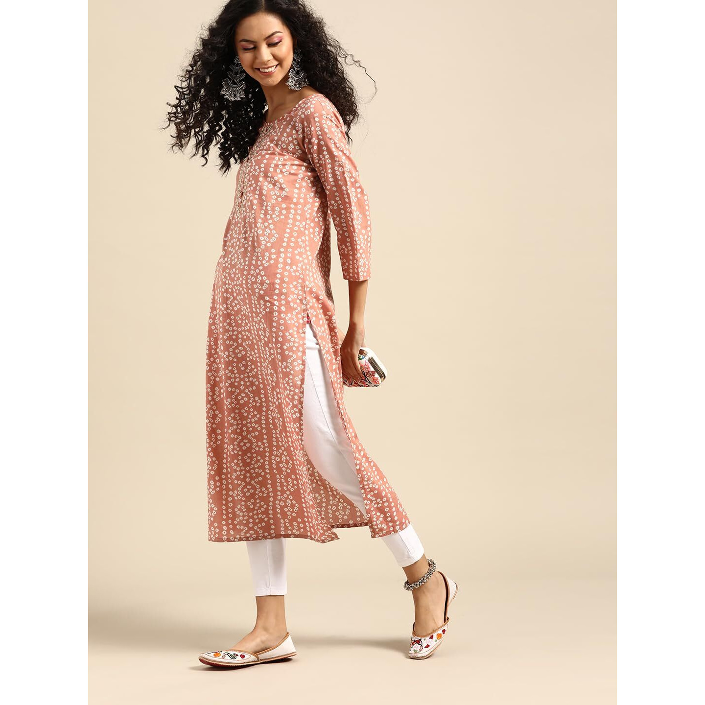 Varanga Women Peach & White Bandhani Printed Pure Cotton Kurta - Comfortable, Stylish & Traditional Design For Casual Wear (Extra Large)