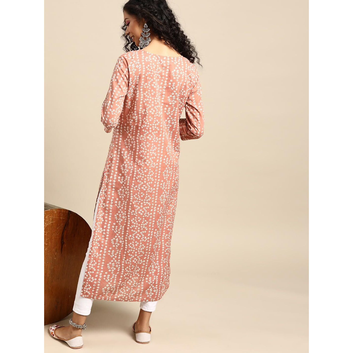 Varanga Women Peach & White Bandhani Printed Pure Cotton Kurta - Comfortable, Stylish & Traditional Design For Casual Wear (Extra Large)