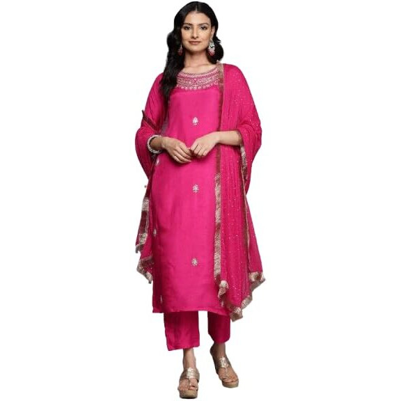 Varanga Women Pink Pure Silk Zardosi Embroidered Kurta Set With Dupatta