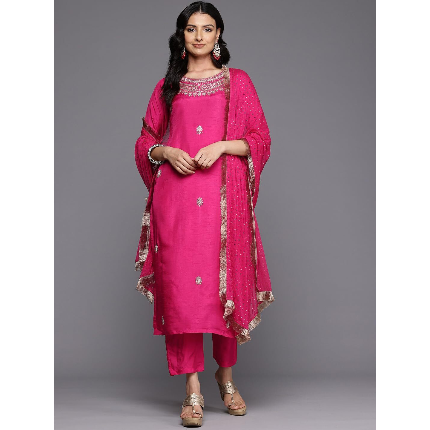 Varanga Women Pink Pure Silk Zardosi Embroidered Kurta Set With Dupatta
