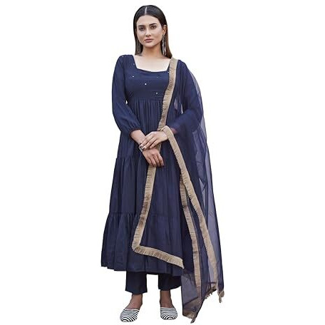 Womanista Women's Silk Blend Kurta With Trouser & Dupatta (Kurtaset_1420_Navy Blue_M)
