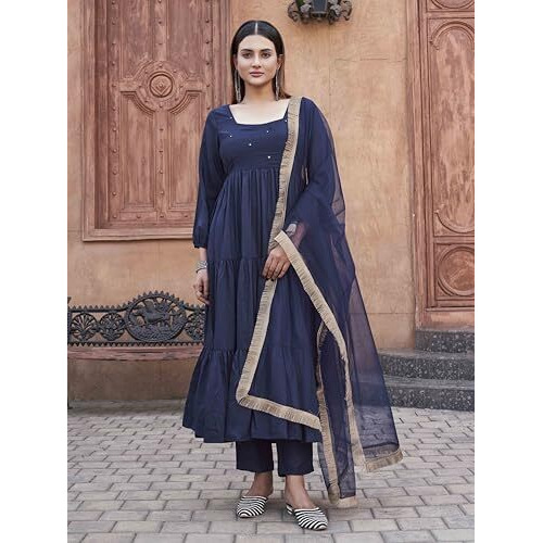 Womanista Women's Silk Blend Kurta With Trouser & Dupatta (Kurtaset_1420_Navy Blue_M)