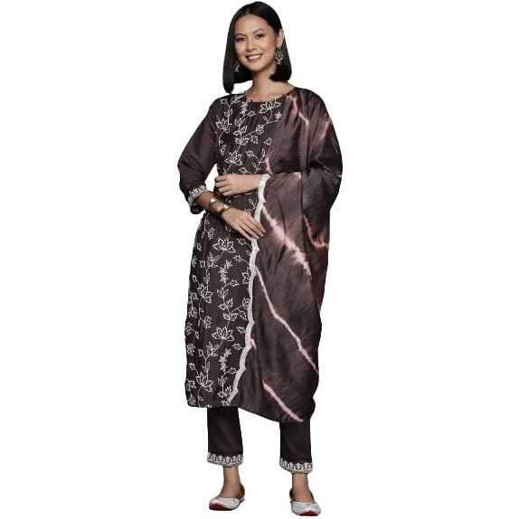 Varanga Women Coffee Brown Embroidered Kurta Paired With Tonal Bottom And Dupatta