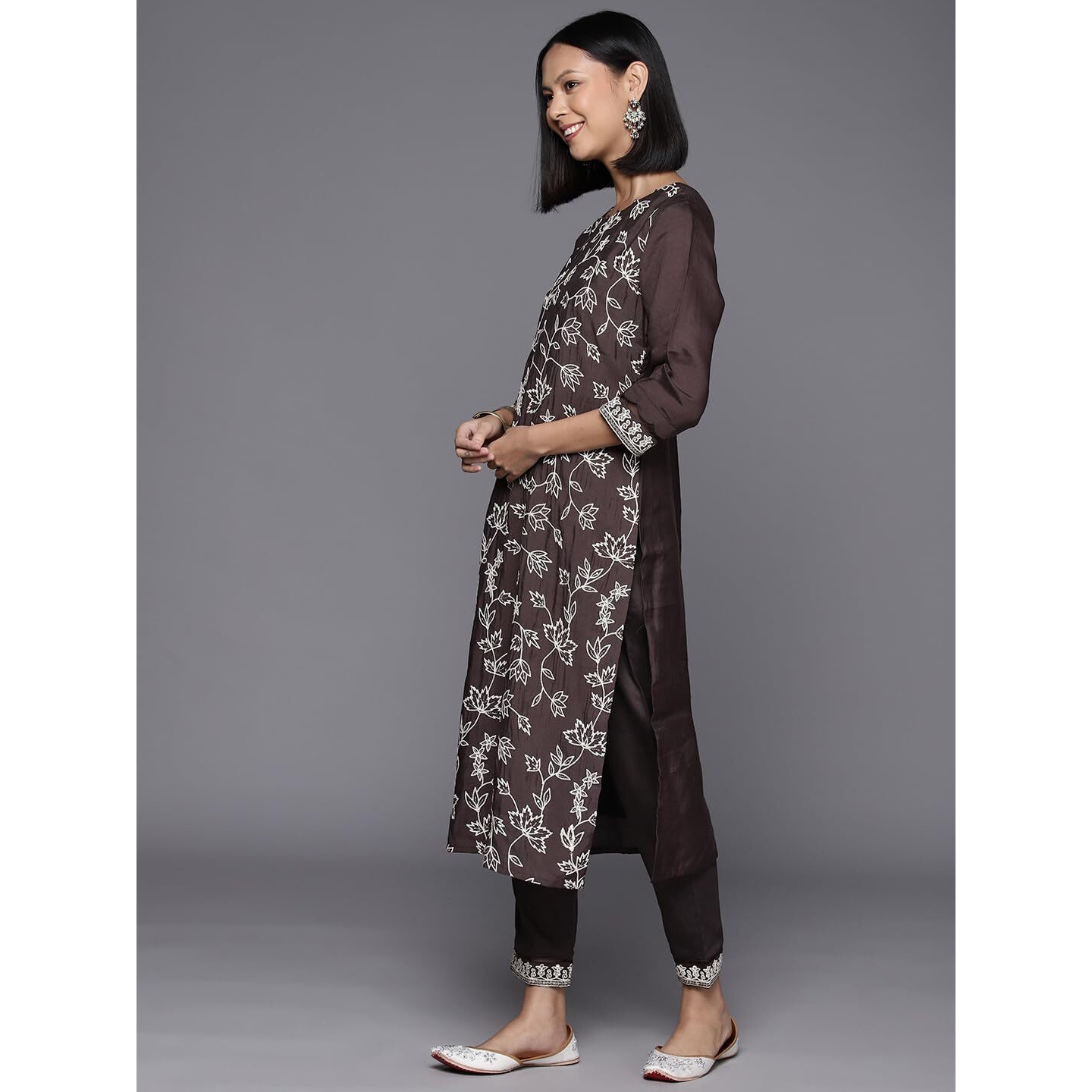 Varanga Women Coffee Brown Embroidered Kurta Paired With Tonal Bottom And Dupatta