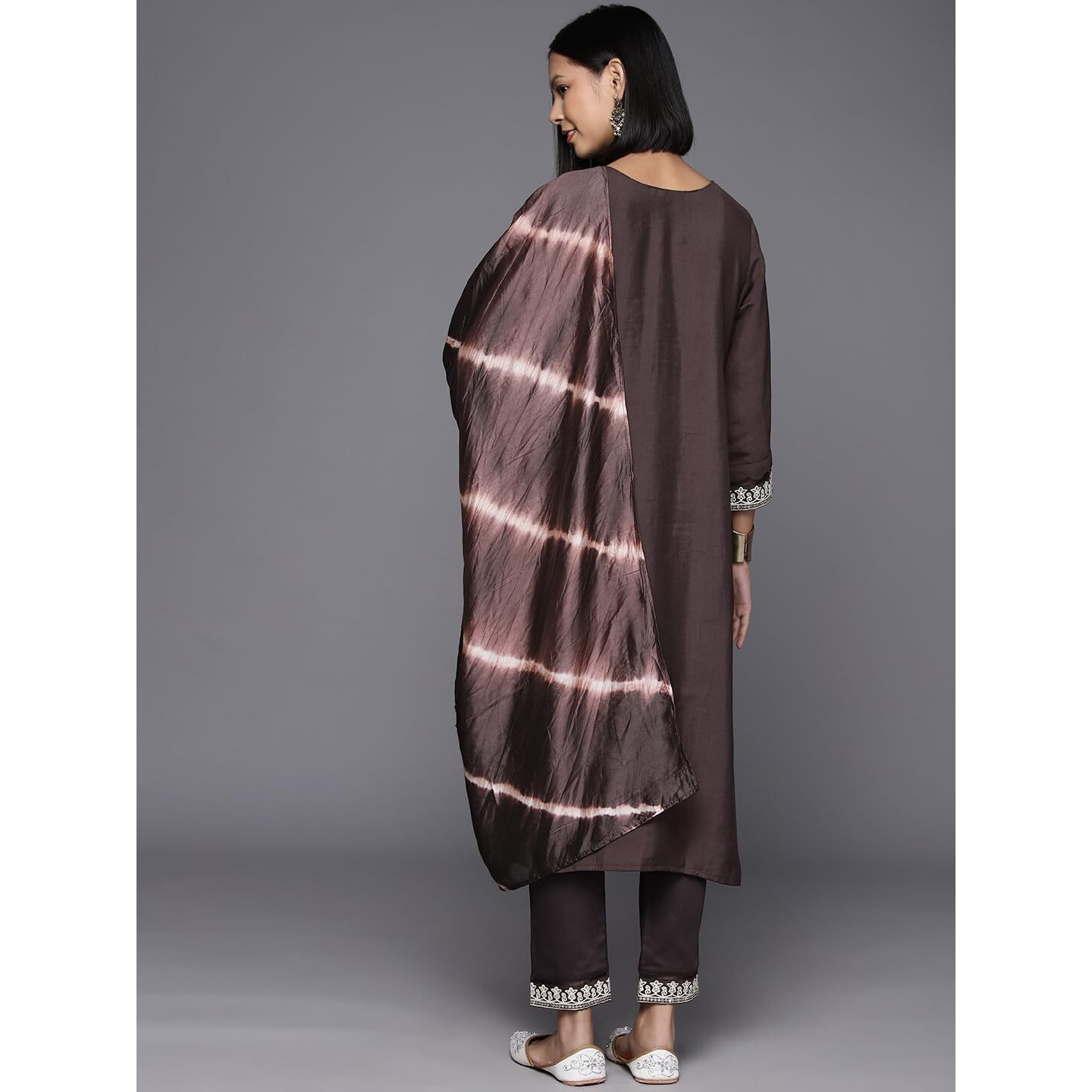 Varanga Women Coffee Brown Embroidered Kurta Paired With Tonal Bottom And Dupatta
