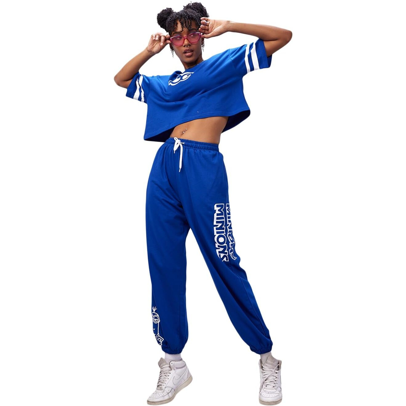 Bewakoof X Official Minions Merchandise Women's Cord Graphic Printed 100% Cotton Co-Ord Set - Oversized Fit, Round Neck, Half Sleeves_596585_Blue_L