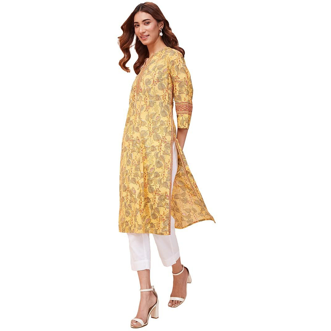 Fabindia Women's Cotton Printed Regular Kurta (1037263Yellow_Yellow