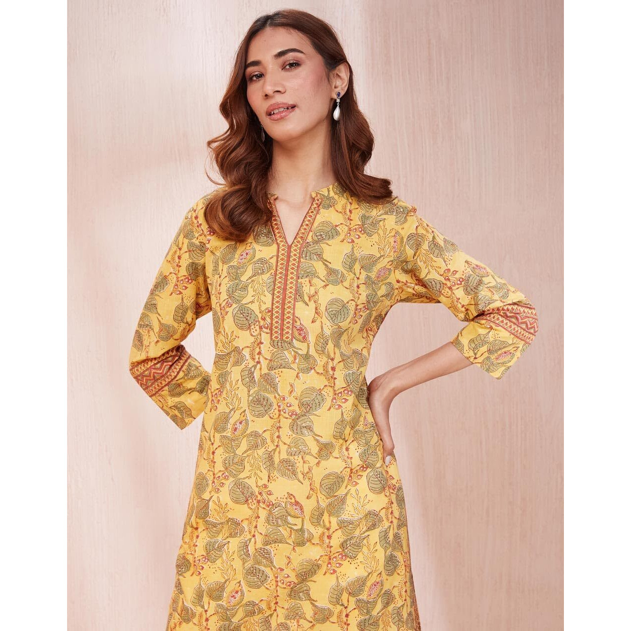 Fabindia Women's Cotton Printed Regular Kurta (1037263Yellow_Yellow