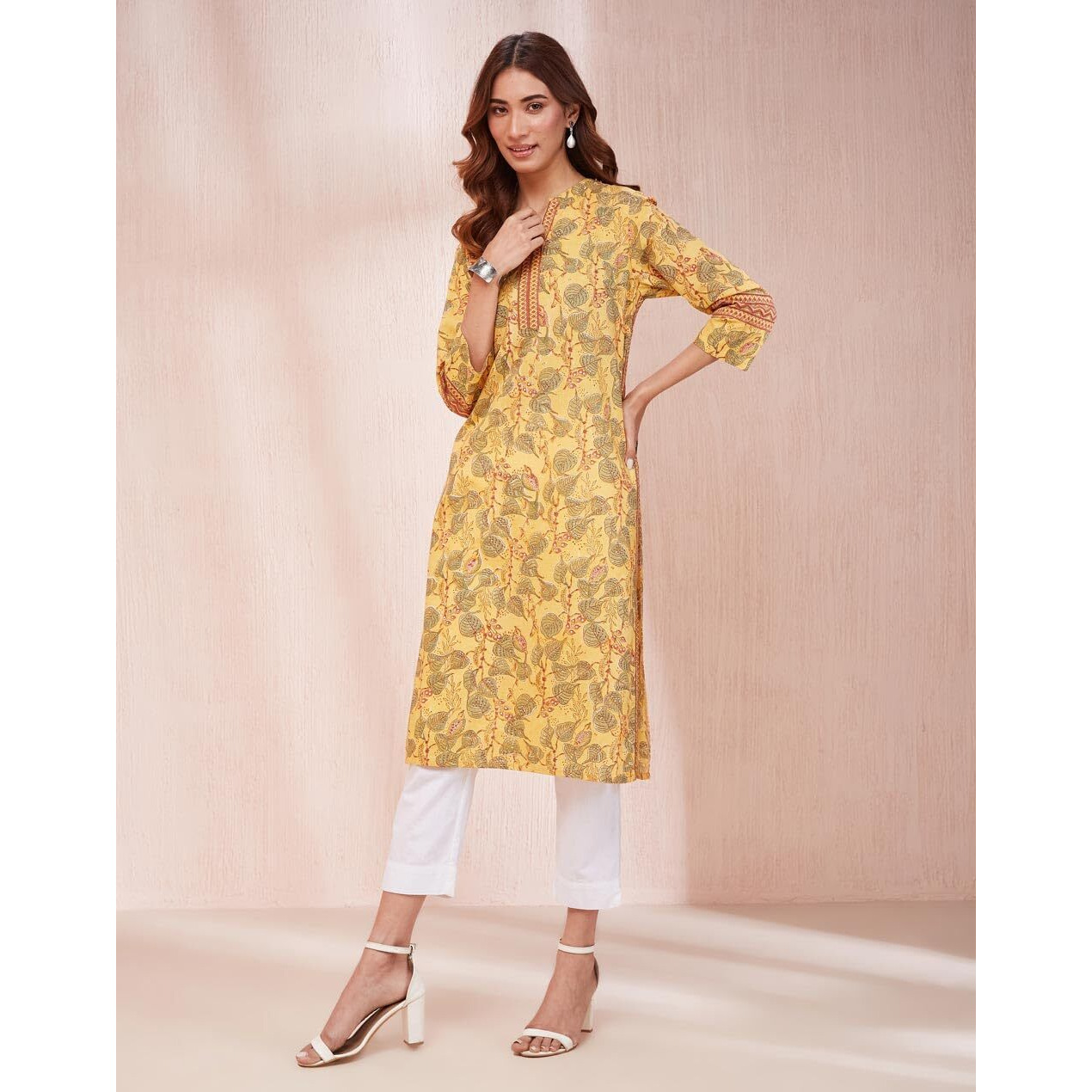 Fabindia Women's Cotton Printed Regular Kurta (1037263Yellow_Yellow
