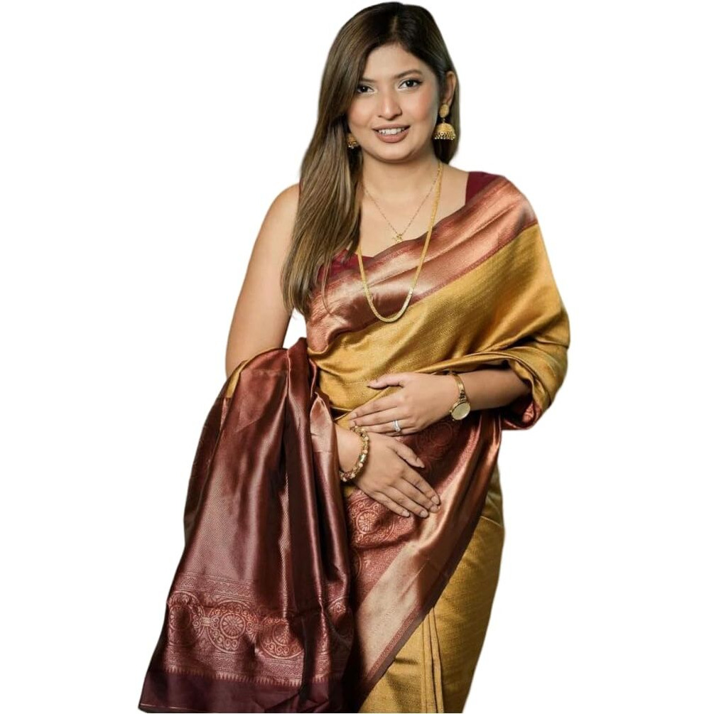 Flosive Women's Kanjivaram Silk Saree With Beautiful Blouse With Zari Border (Yellow New)