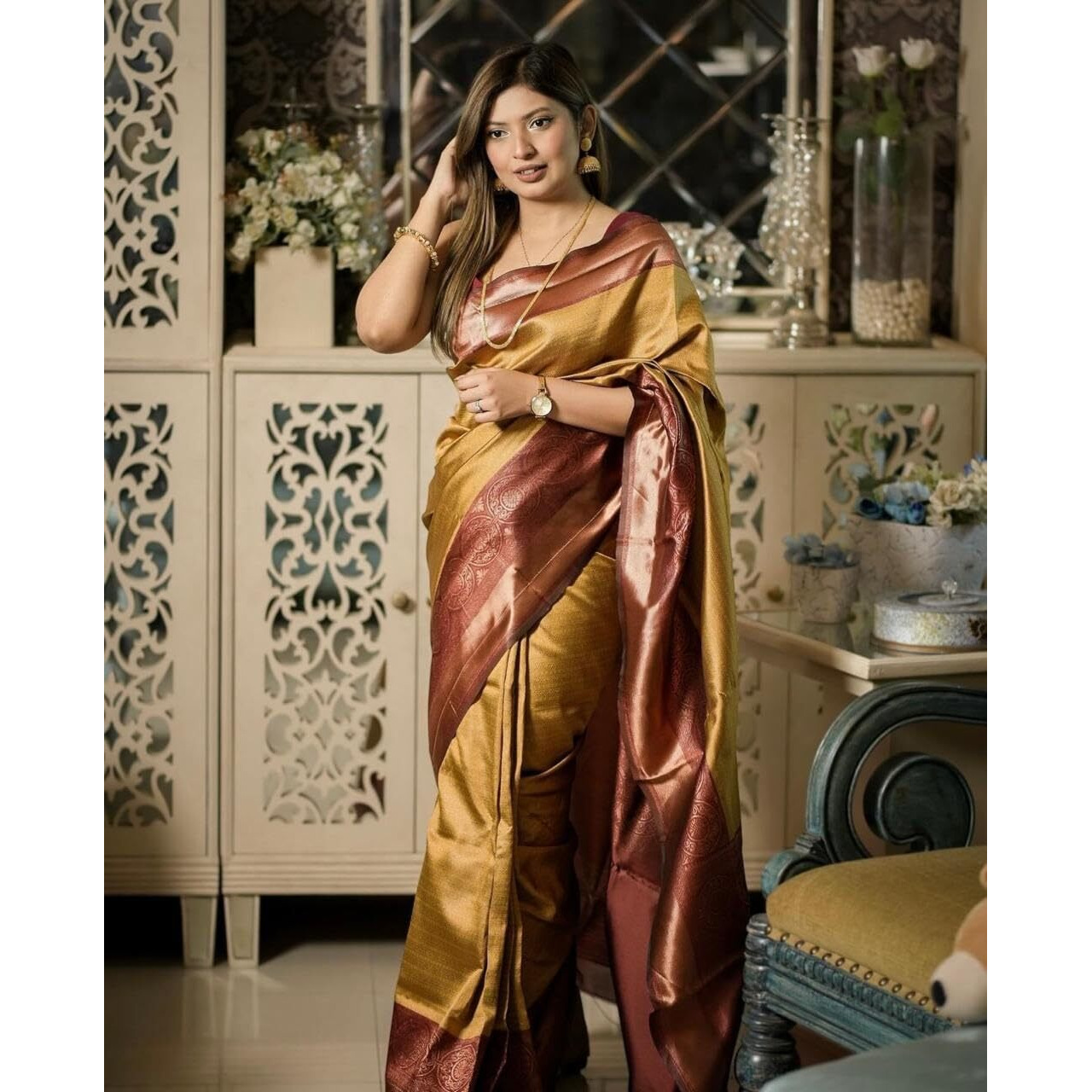 Flosive Women's Kanjivaram Silk Saree With Beautiful Blouse With Zari Border (Yellow New)