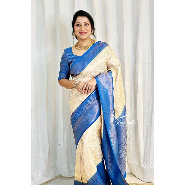 Flosive Women's Present Banarasi Soft Lichi Silk Saree Beautiful Jacquard Rich Pallu Design Work Zari Woven Kanjivaram Silk Style Saree With Soft Lichi Silk Blouse Piece Ayn Royal Mix (Blue).