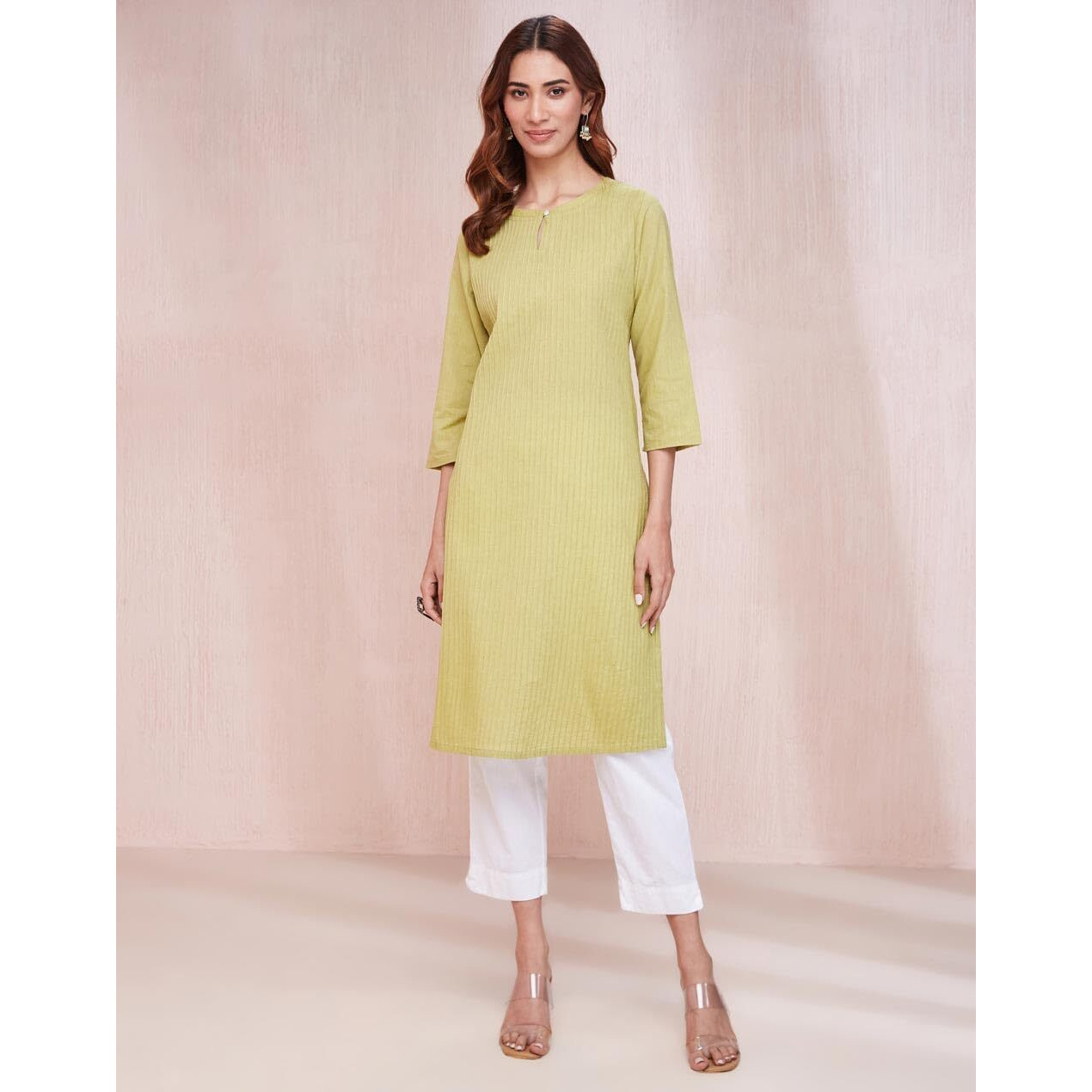 Fabindia Women's Cotton Solid Slim Kurta (1037273Lime_Lime Green