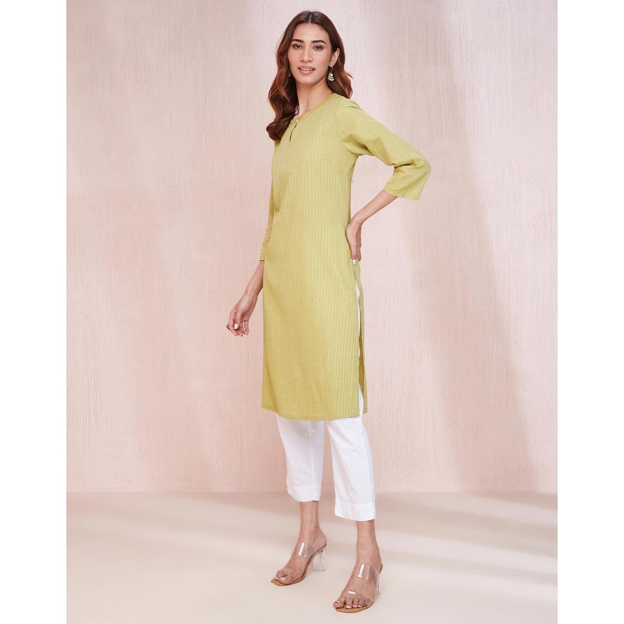 Fabindia Women's Cotton Solid Slim Kurta (1037273Lime_Lime Green