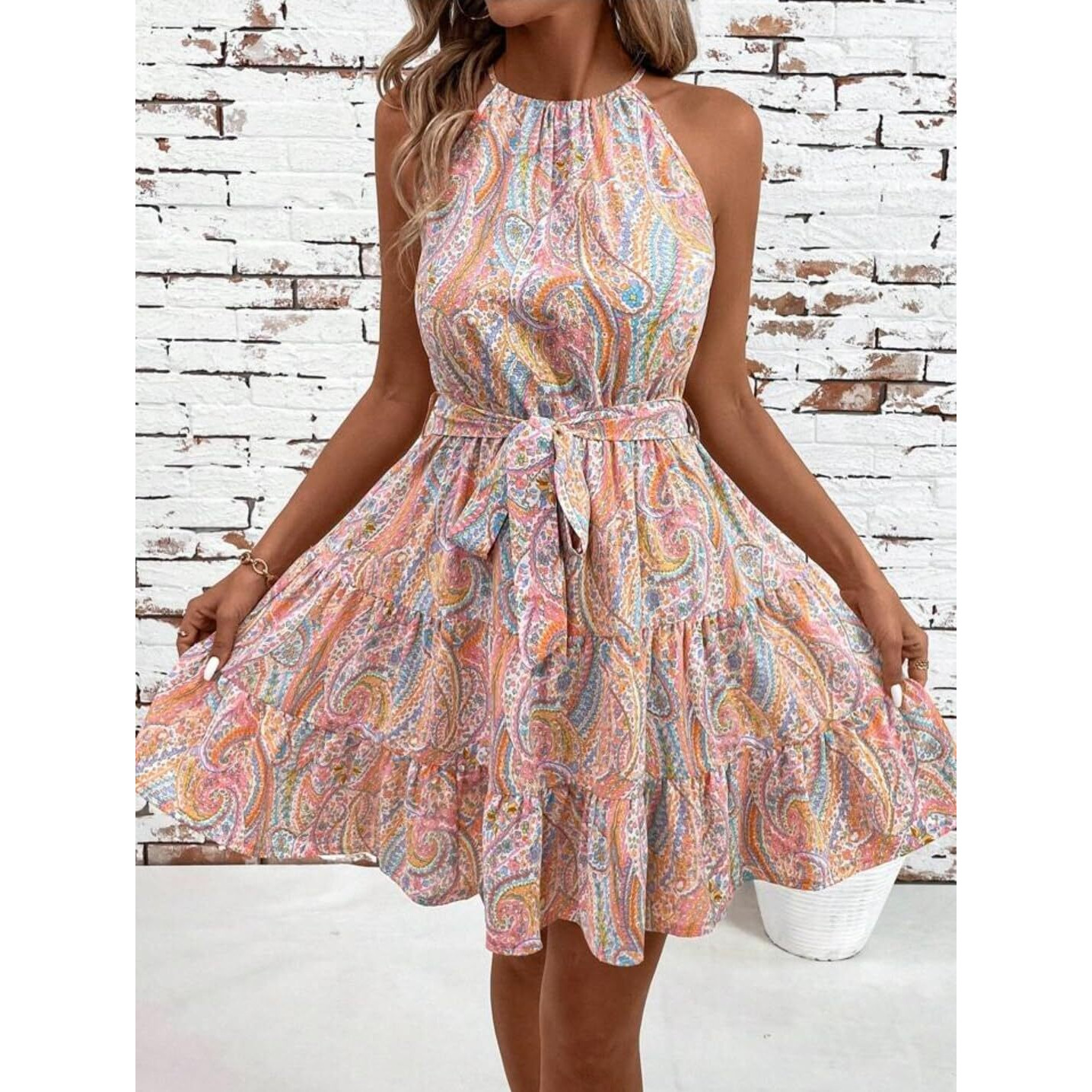 Gufrina Women Western Dress In Floral Print Halter Neck Multicolor - Elegant Sleeveless Summer Dress With Adjustable Waist Tie And Tiered Hemline (White S)