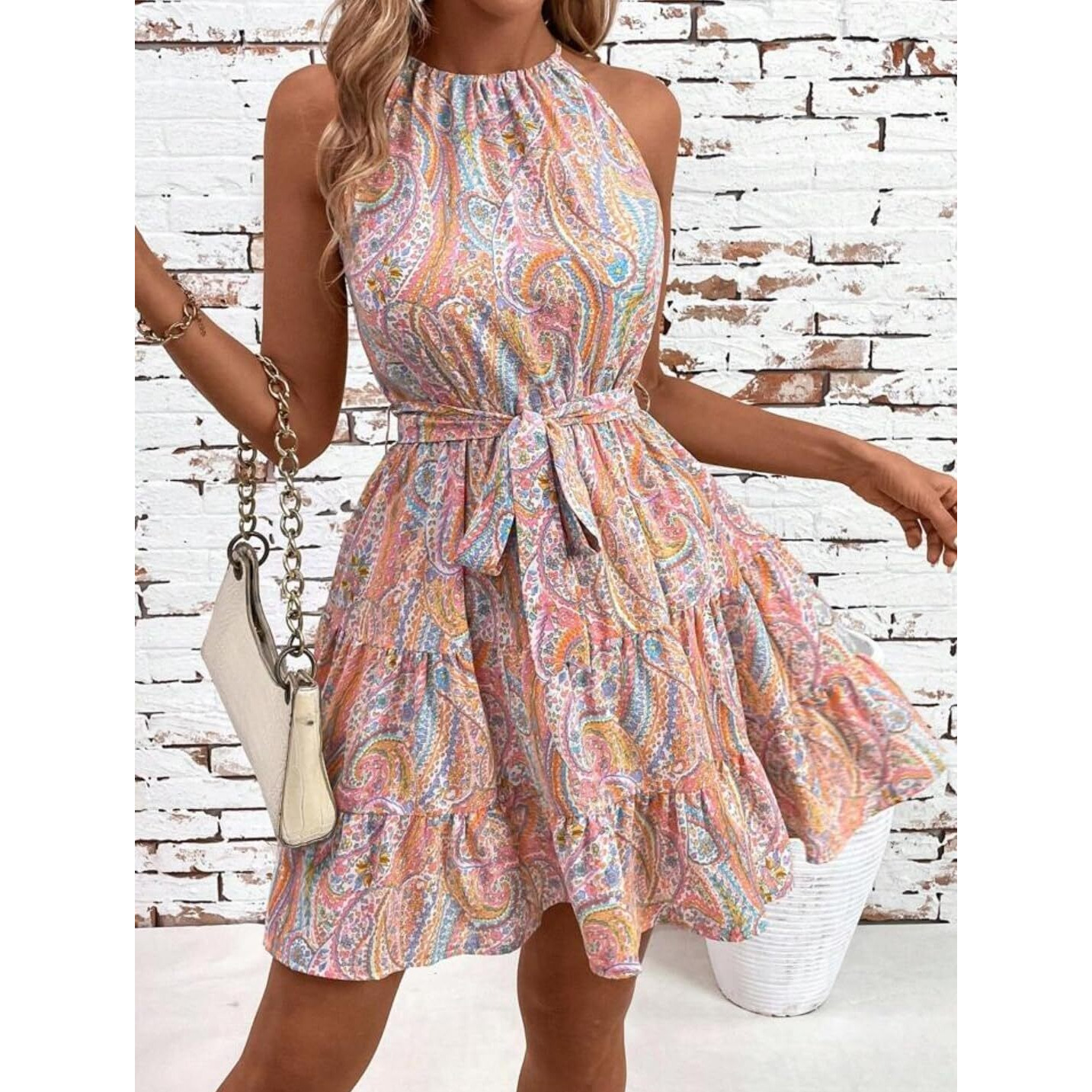 Gufrina Women Western Dress In Floral Print Halter Neck Multicolor - Elegant Sleeveless Summer Dress With Adjustable Waist Tie And Tiered Hemline (White S)