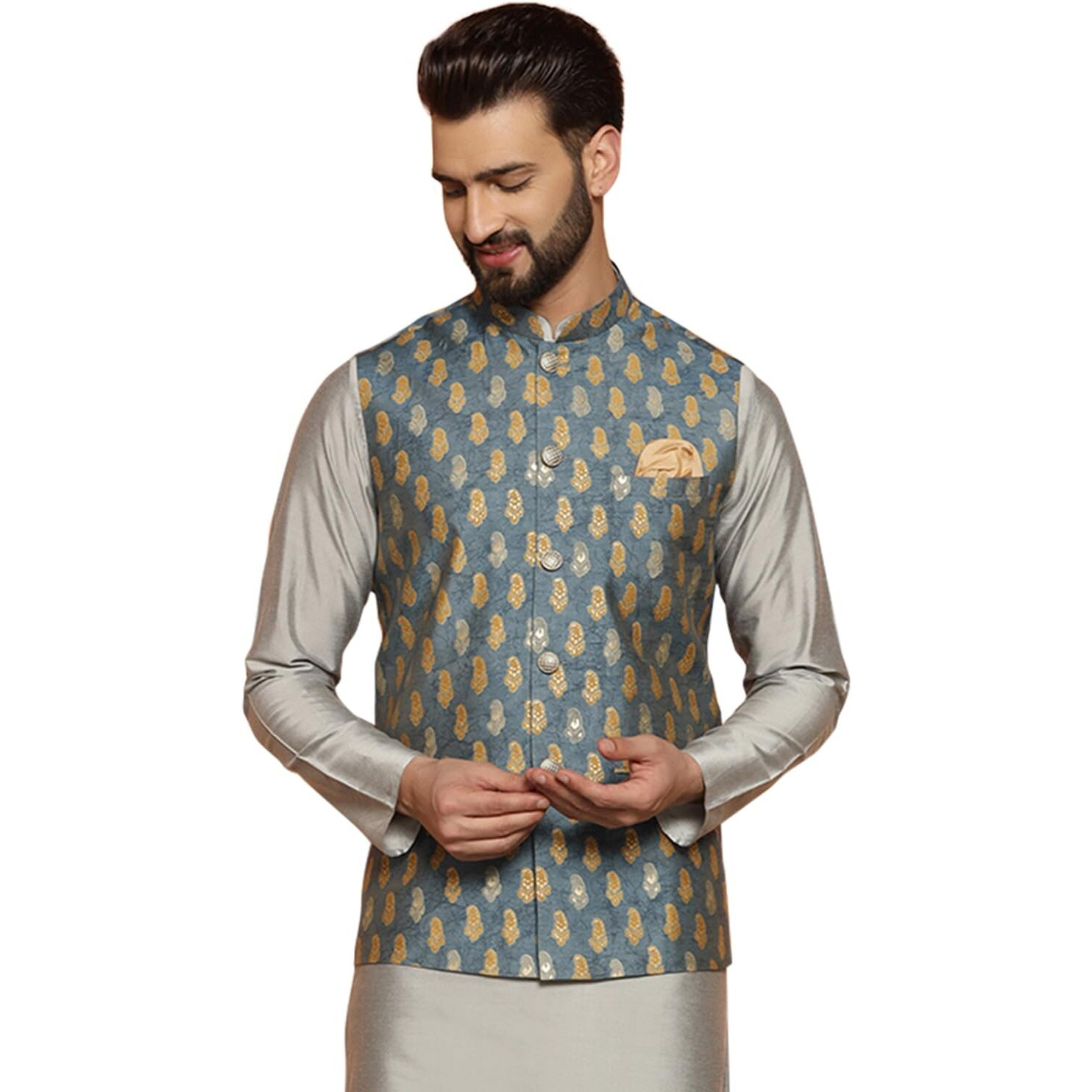 Kisah Men's Ethnic Wear Regular Fit Printed Cotton Blend Grey Nehru Jacket (M)