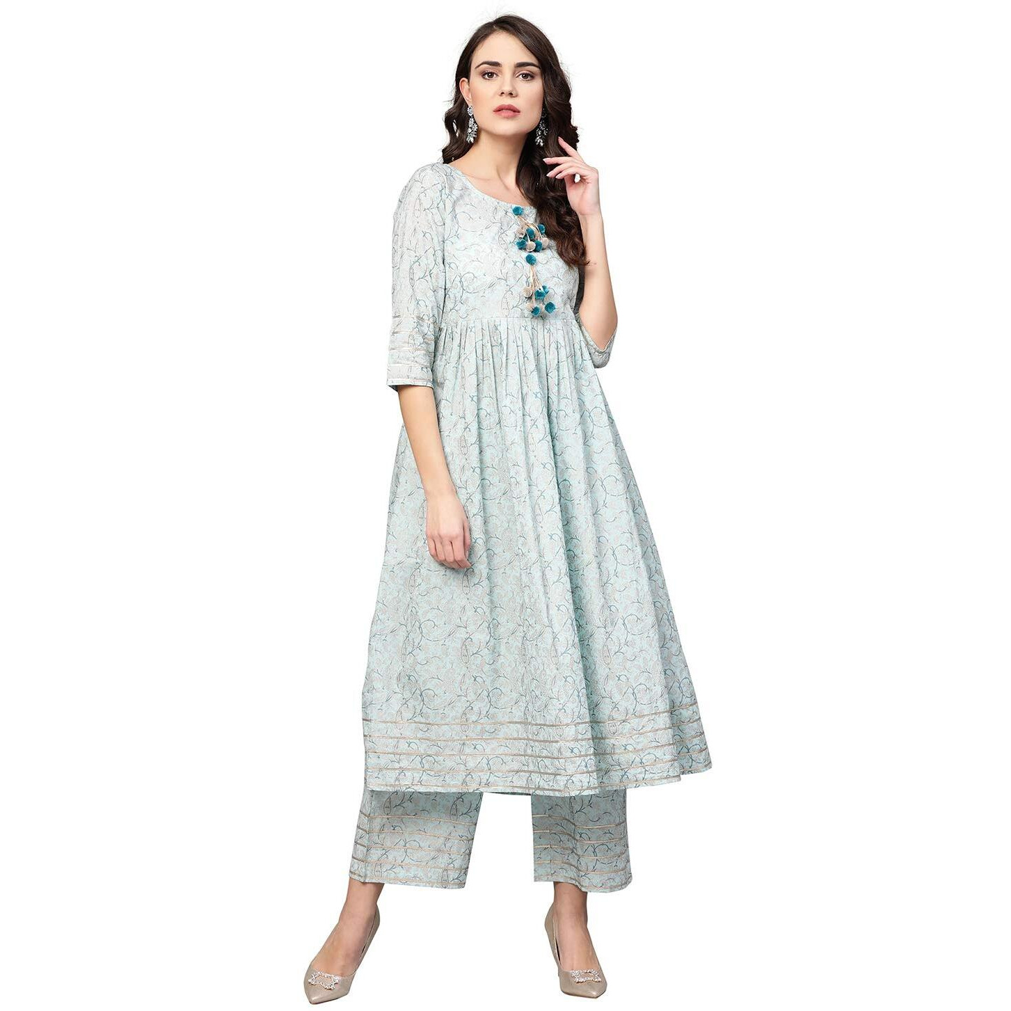 Idalia Cotton Blend Kurta Set For Women, 3/4 Sleeve, Calf-Length, Elegant Design For Special Occasions Multicolour
