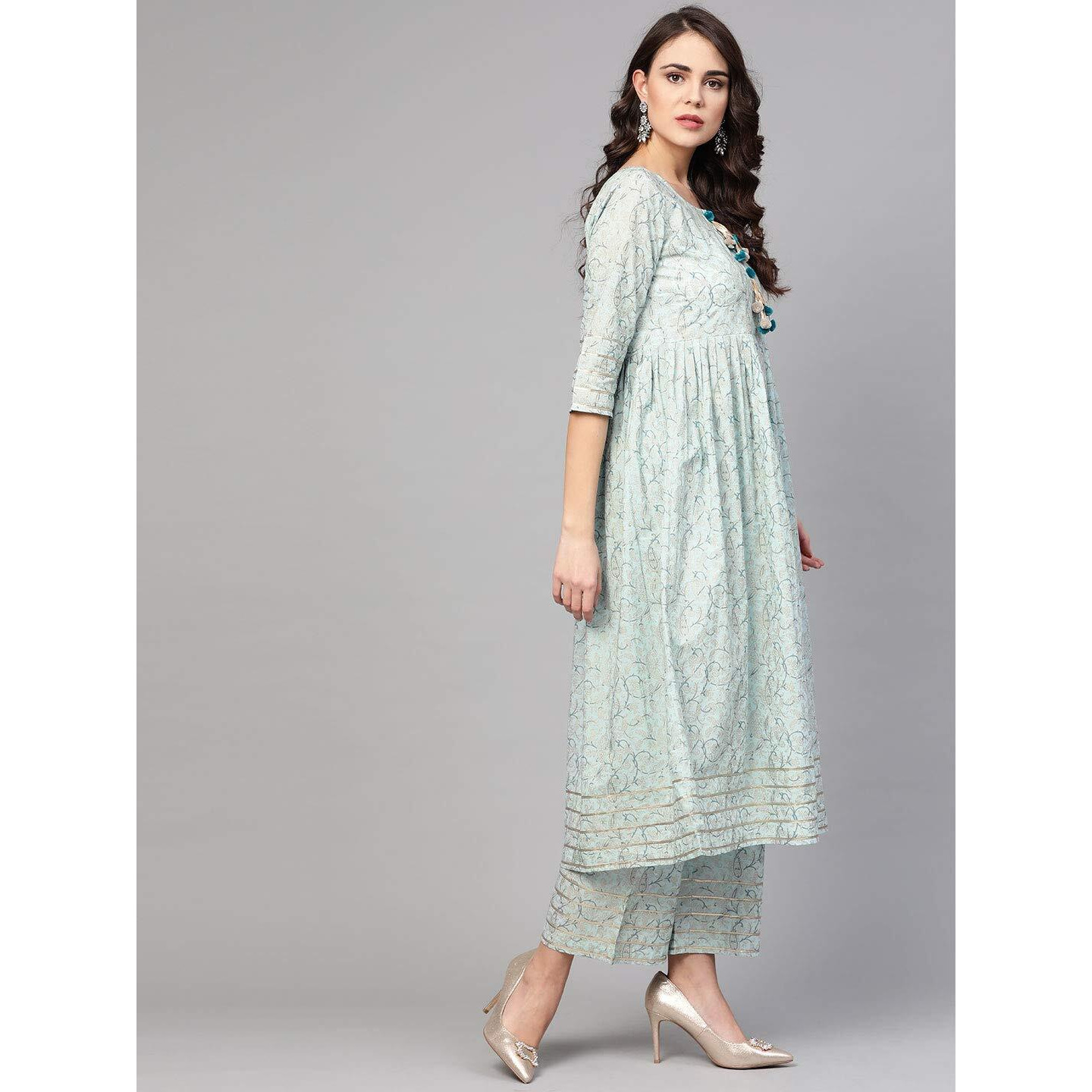 Idalia Cotton Blend Kurta Set For Women, 3/4 Sleeve, Calf-Length, Elegant Design For Special Occasions Multicolour